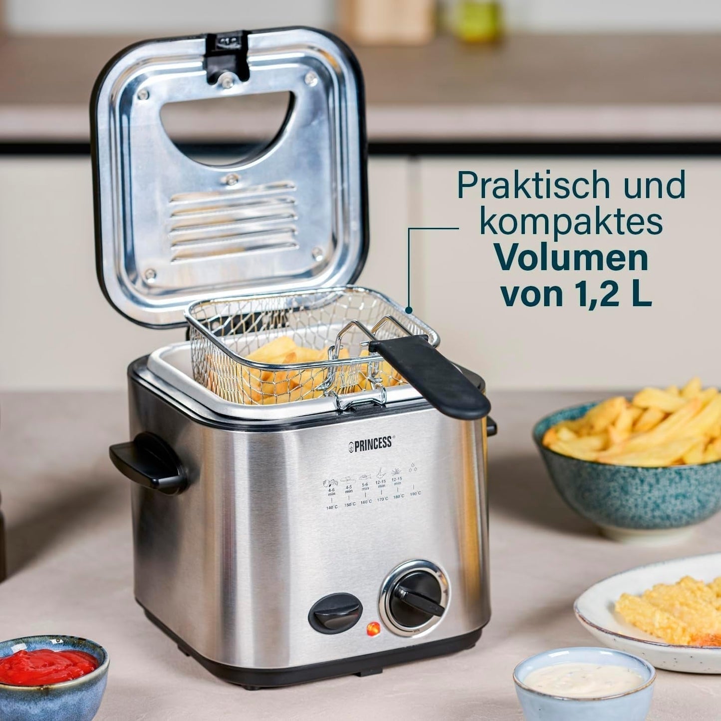 Princess 182611 Mini friteuză pentru fondue - Încălzire rapidă - Filtru de mirosuri - Capacitate de 1,2 litri, argintiu Electrocasnice Naty Shop