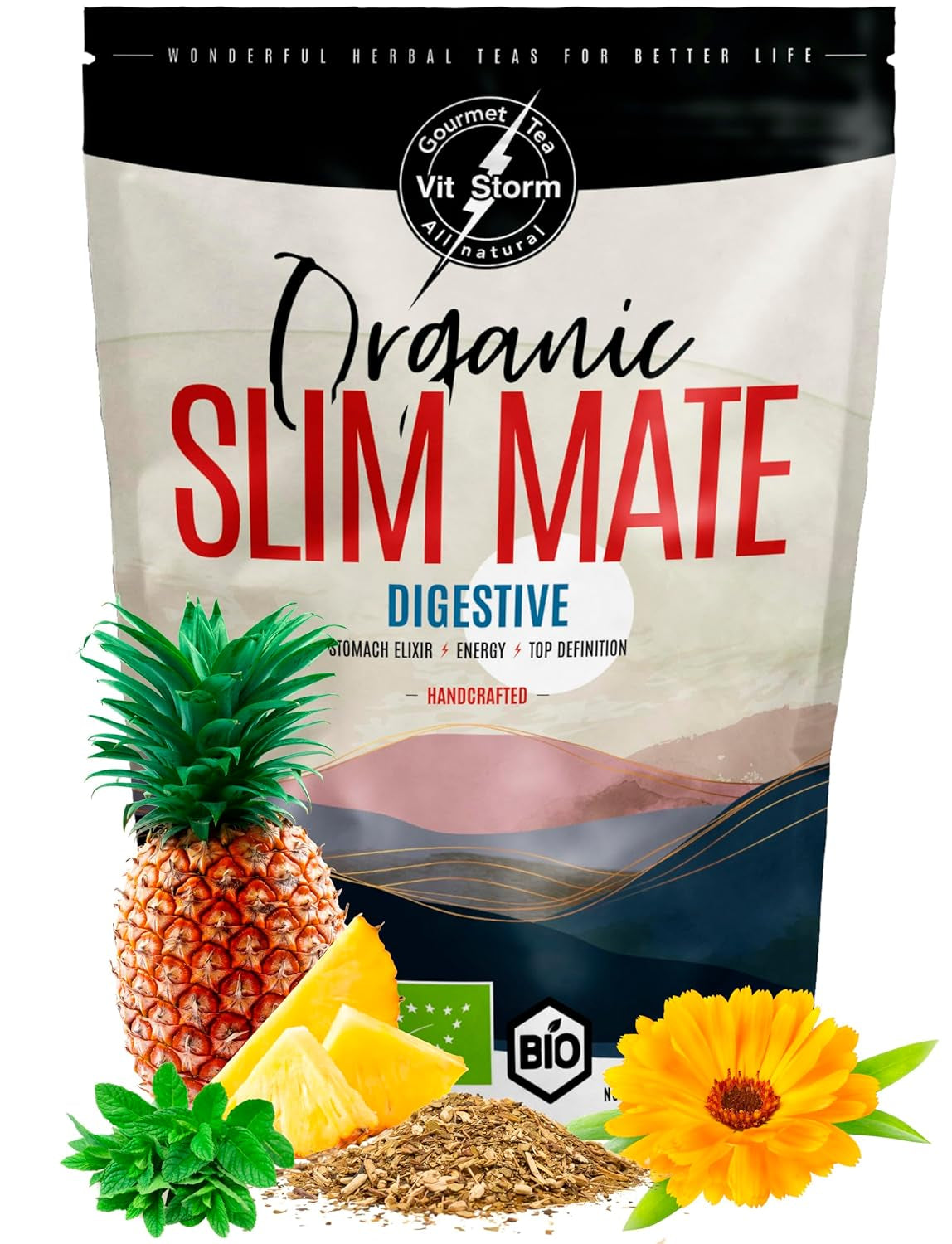 VITSTORM® Slim Tea Cardamom – Ceai Yerba Mate BIO – Cură de detoxifiere și ceai diuretic – 100G