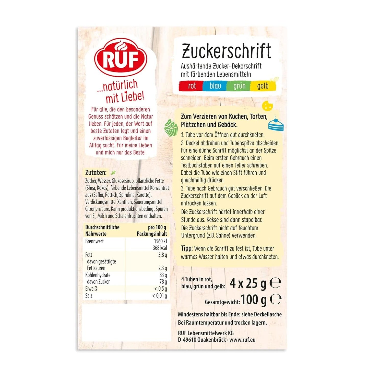 RUF, glazura pentru scris pe prajituri, biscuiti, torturi, fara gluten, vegan, 4 x 25 grame Glazuri si Decor Naty Shop