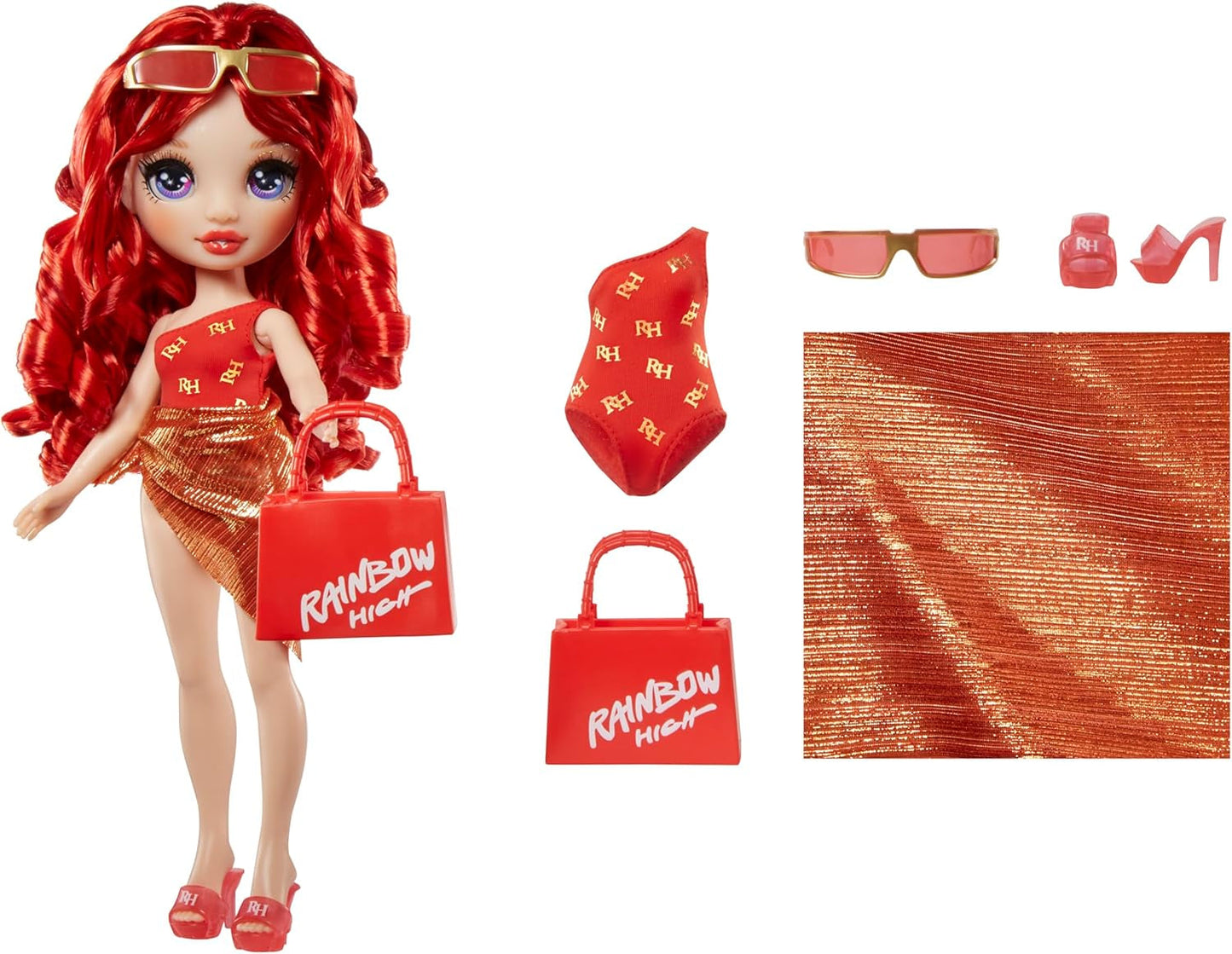 Rainbow High Swim & Style - Ruby (roșu) - păpușă înaltă de 28 cm cu pareo strălucitor, poate fi purtată în 10+ moduri - costum de baie extensibil, sandale, accesorii de joacă - jucărie - ideală pentru 4 până la 12 ani Papusi Naty Shop