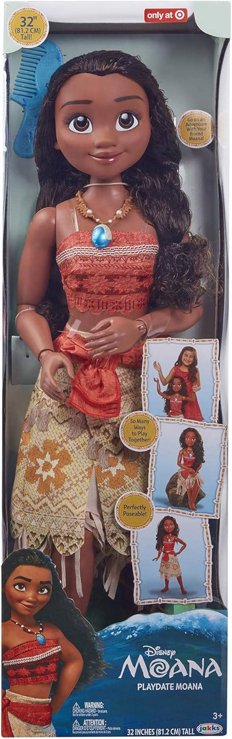 Disney Princess Vaiana, 80 cm große Spielpuppe von Jakks Pacific, bewegliche Puppe, mit Bürste zum Kämmen ihrer welligen Locken, vom Film inspiriertes Kleid, abnehmbare Halskette mit Anhänger