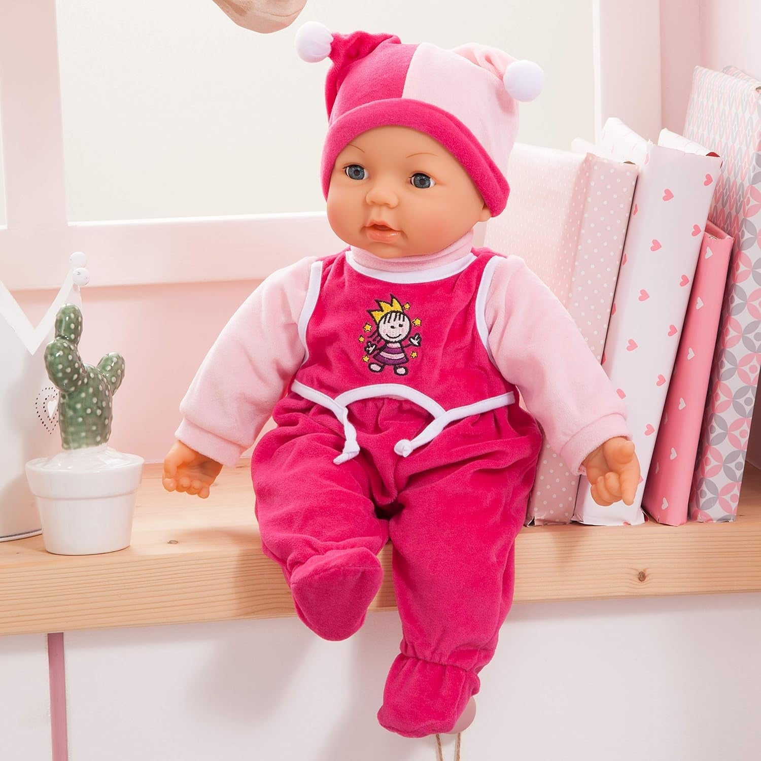 Funktionspuppe Hello Baby mit Geräuschen, bewegt den Mund, interaktive Puppe, Babypuppe, mit Zubehör, 46cm, rosa