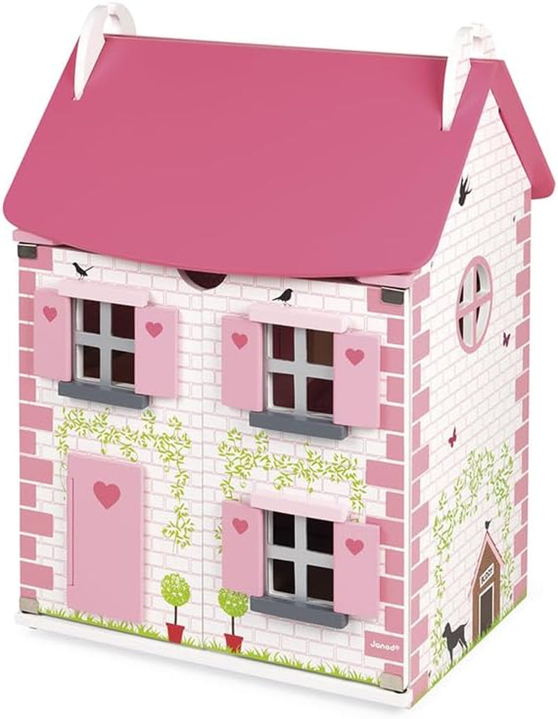 Janod - Casa de păpuși din lemn Mademoiselle, 3 etaje și cu 11 accesorii, replică de jucărie, dezvoltă imaginația, de la 3 ani, J06581, roz Casute de papusi Naty Shop