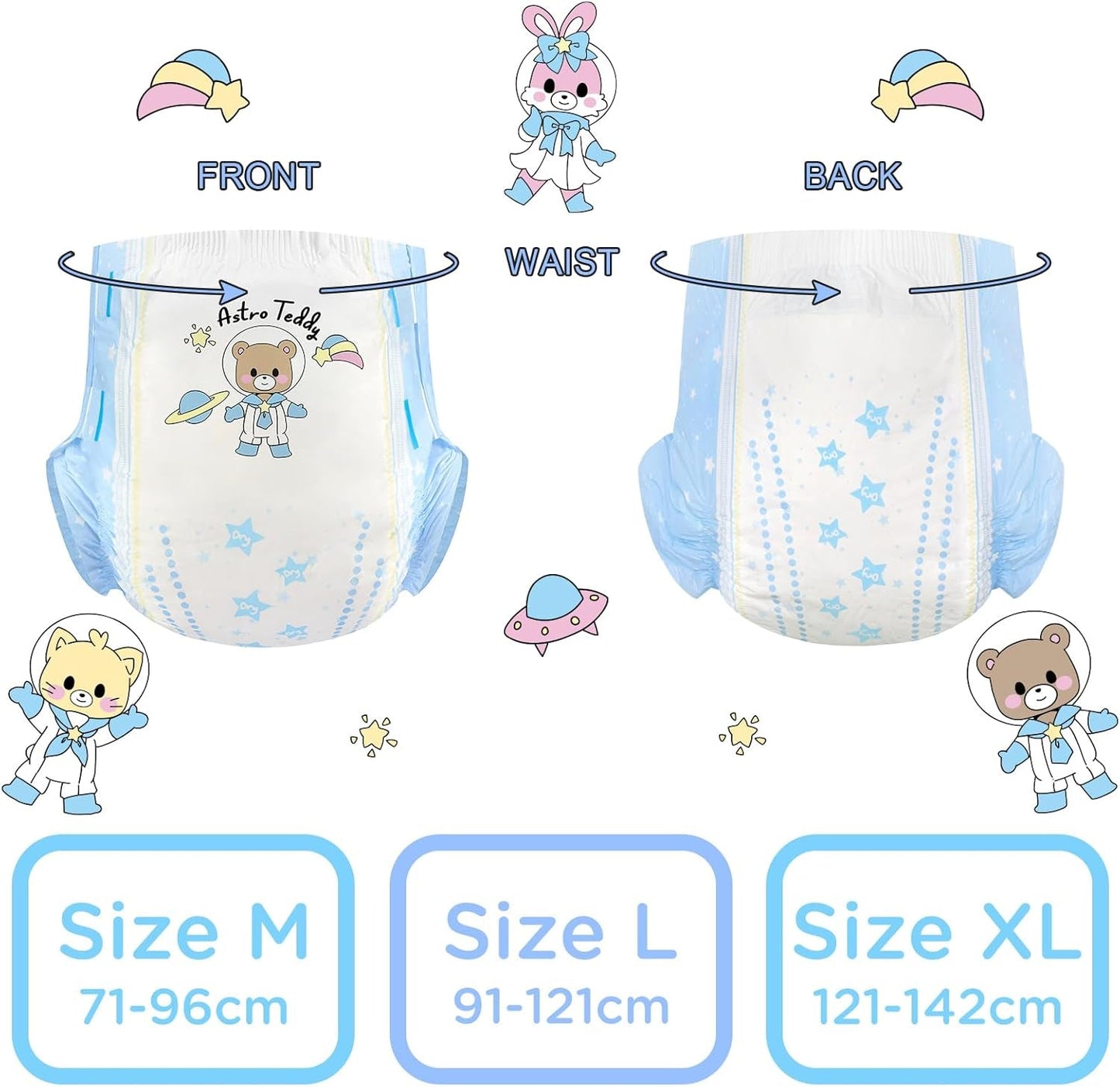 Scutece imprimate pentru adulți 5500-5800 ml, pachet de 2, 3 imprimeuri, asortate aleatoriu - Astro Babies (L)