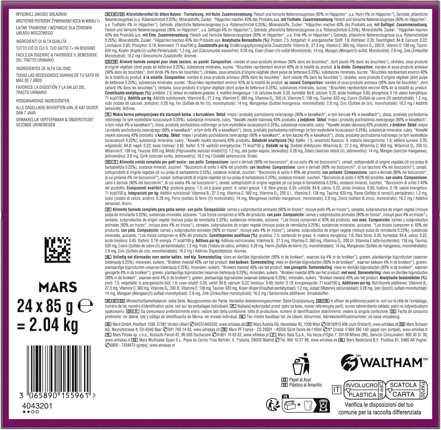 Hrană umedă Whiskas 7+ pentru pisici, selecție de păsări de curte în sos, 24 x 85 g (2 pachete) – Hrană umedă de înaltă calitate, de la 7 ani, în pliculețe cu 48 de porții