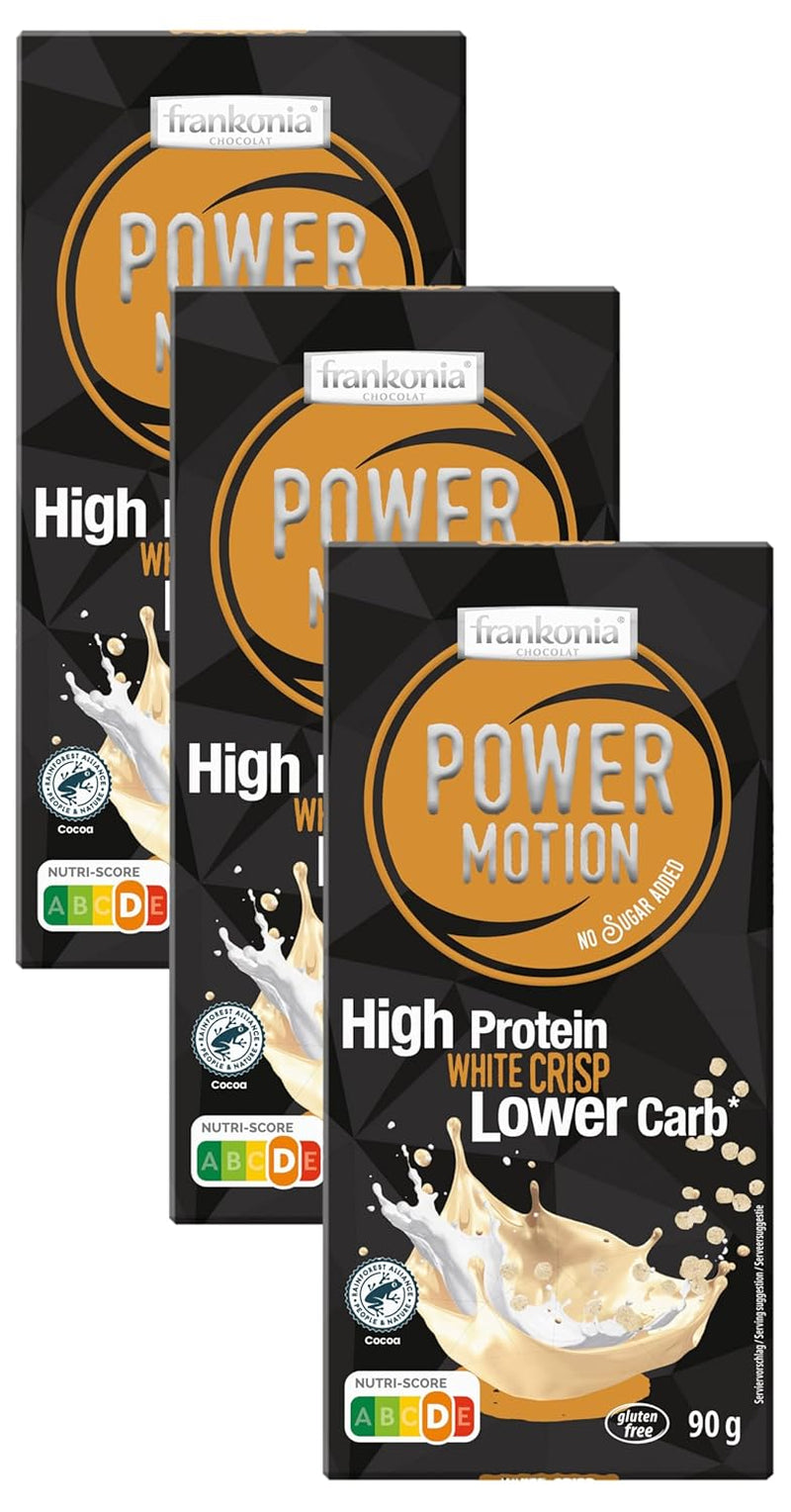 frankonia CHOCOLAT POWER MOTION fără zahăr adăugat - Ciocolată albă crocantă cu conținut ridicat de proteine și conținut scăzut de carbohidrați, 90 g