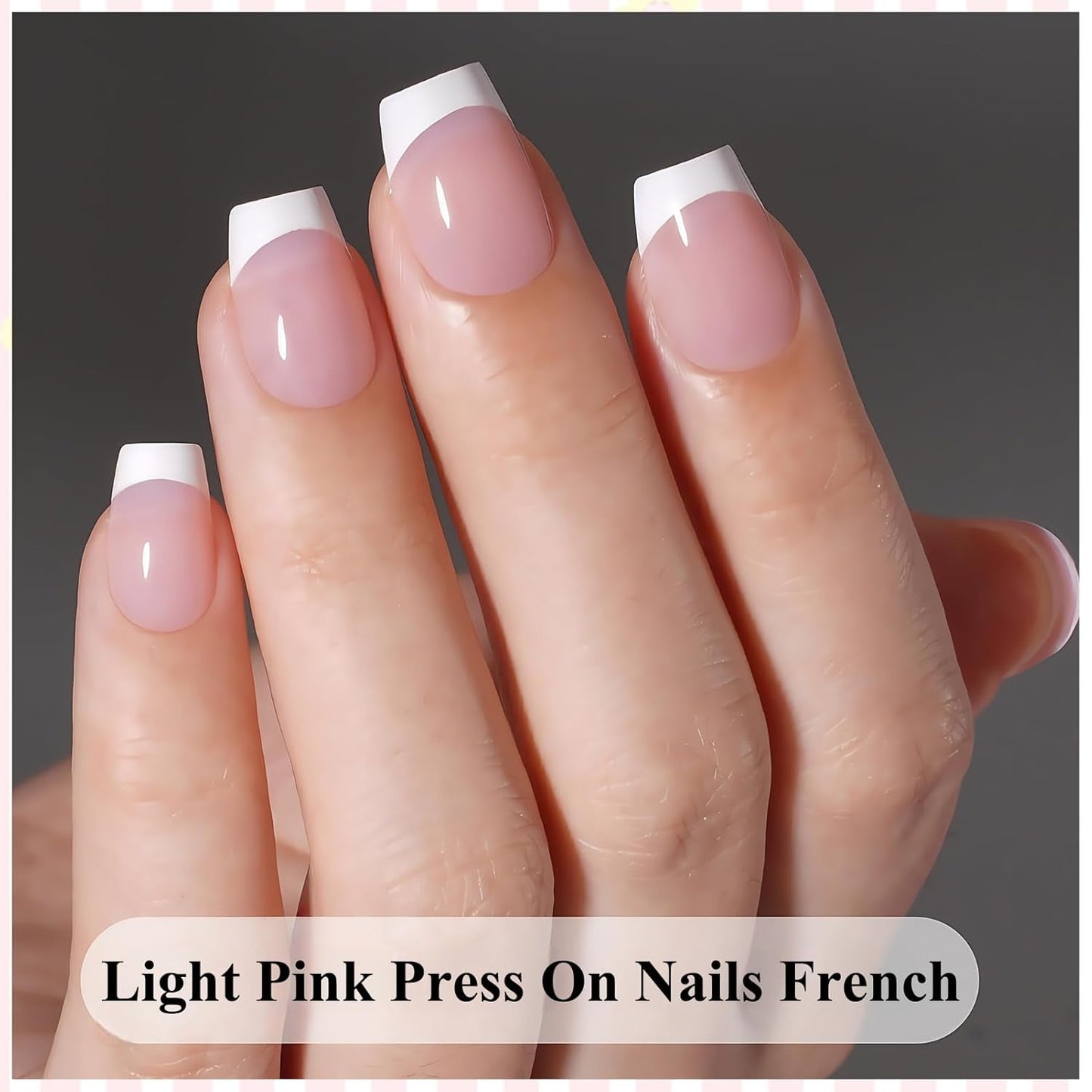 Unghii franceze roz deschis, autoadezive - 32 bucăți de unghii franceze pentru lipit - Unghii artificiale pătrate, scurte - Unghii artificiale respirabile pentru lipit - Unghii artificiale cu acoperire completă pentru femei (roz deschis)
