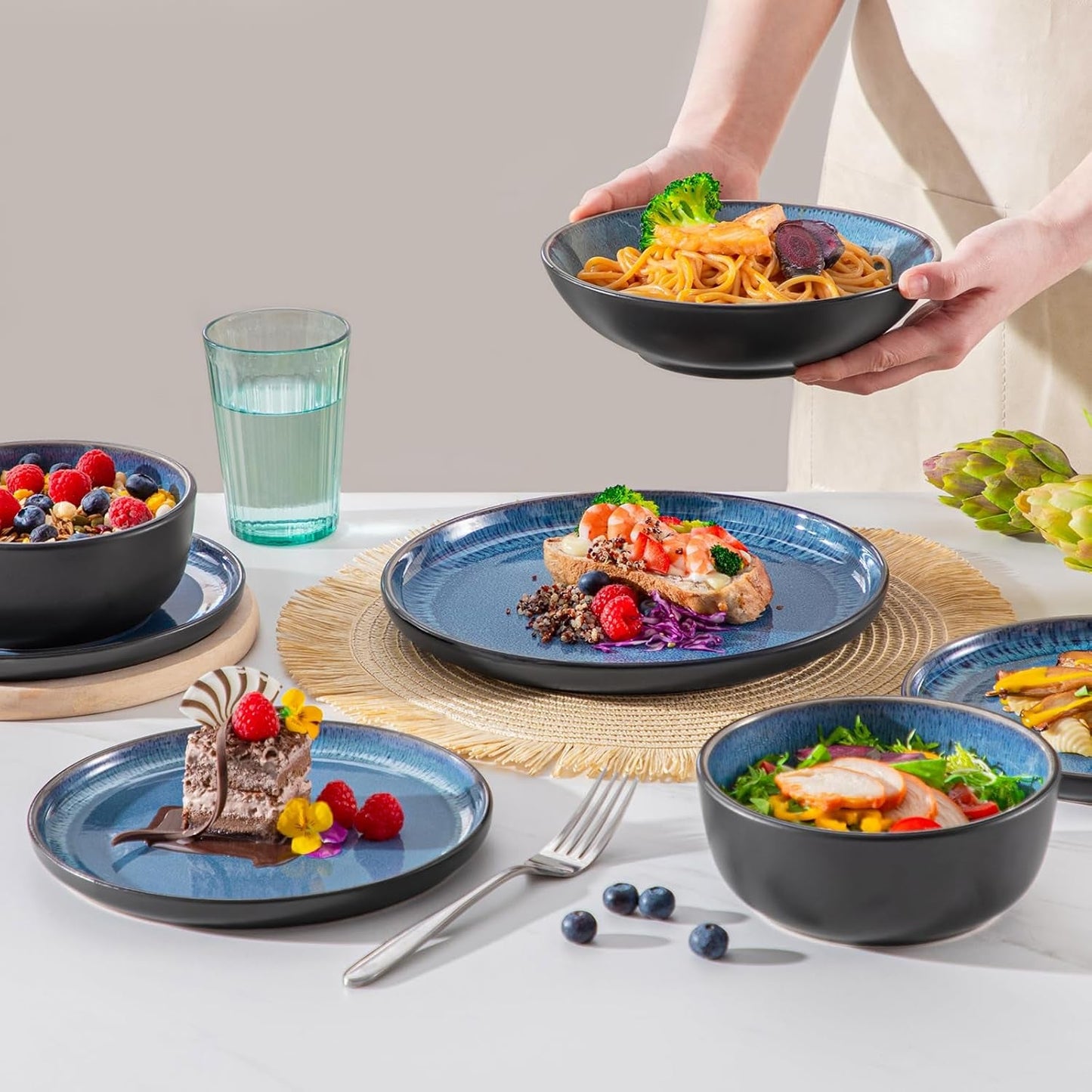 Set de veselă pentru 6 persoane, set de veselă din gresie Vancasso PLAYA, 24 de piese pentru 6 persoane, albastru, inclusiv farfurii, farfurii de sumă, boluri și farfurii de salată, potrivit pentru mașina de spălat vase și cuptorul cu microunde