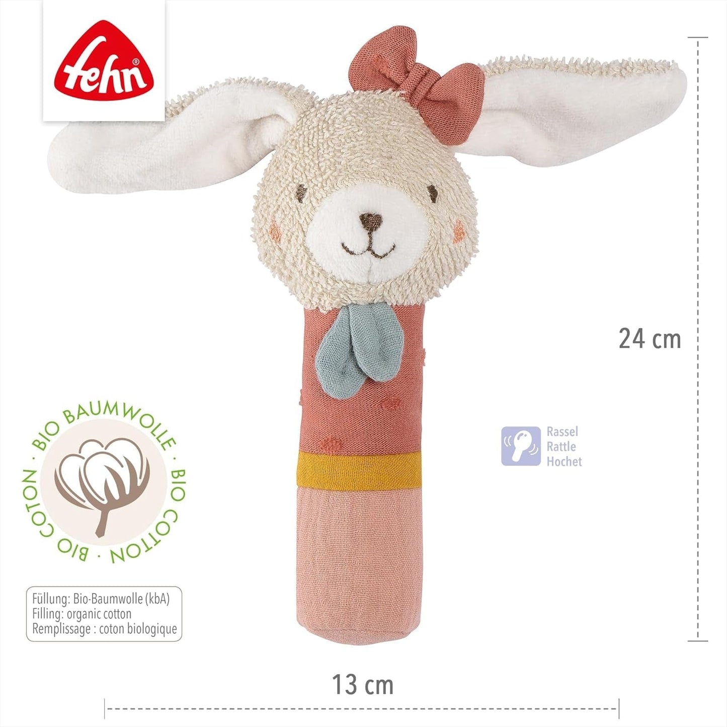 Fehn stick de prindere jucărie pentru copii fehnNatur jucărie iepure - jucărie de activitate motorie cu zornăitor pentru prindere, îmbrățișare - jucărie de prindere cu bumbac organic - jucărie pentru bebeluși și copii mici de la 0+ luni Jucarii Bebe Naty Shop