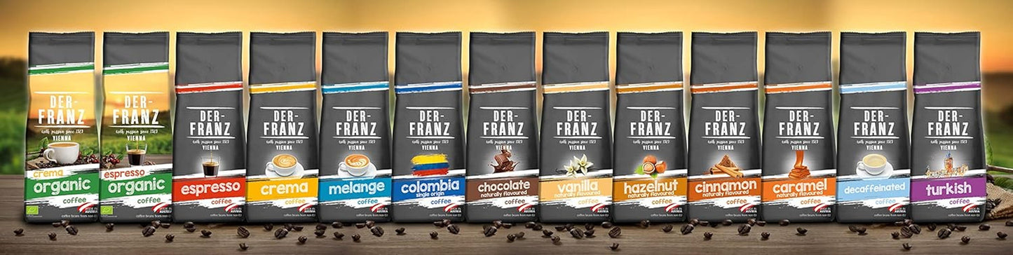 Der-Franz Kaffee Pack, ganze Bohne, aromatisiert, 5 x 500 g (1 x Haselnuss, 1 x Vanille, 1 x Schokolade, 1 x Zimt, 1 x Karamell)
