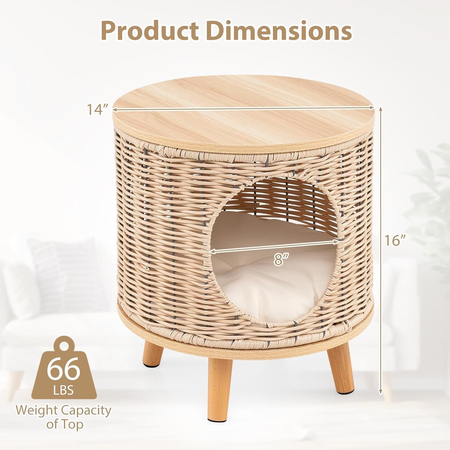 Katzenhaus Rattan, Katzenmöbel mit Holzbeinen & weichem Kissen, 3 in 1 Katzenhöhle Fußhocker Nachttisch, Katzenbett stabil bis 30 kg für Wohnzimmer Schlafzimmer