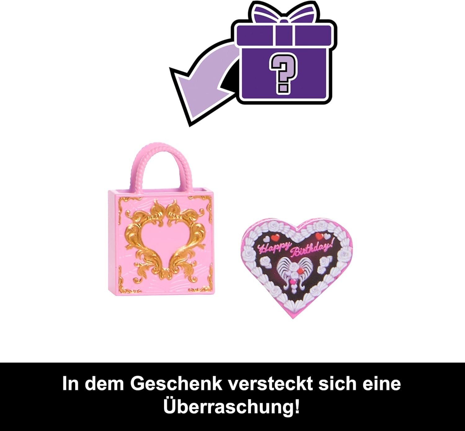 Păpușa Monster High Scary Sweet Birthday, Cupid Asteria, într-o rochie de petrecere roz și roșie, cu accesorii tematice precum invitație, balon, cadou și multe altele, JBG77