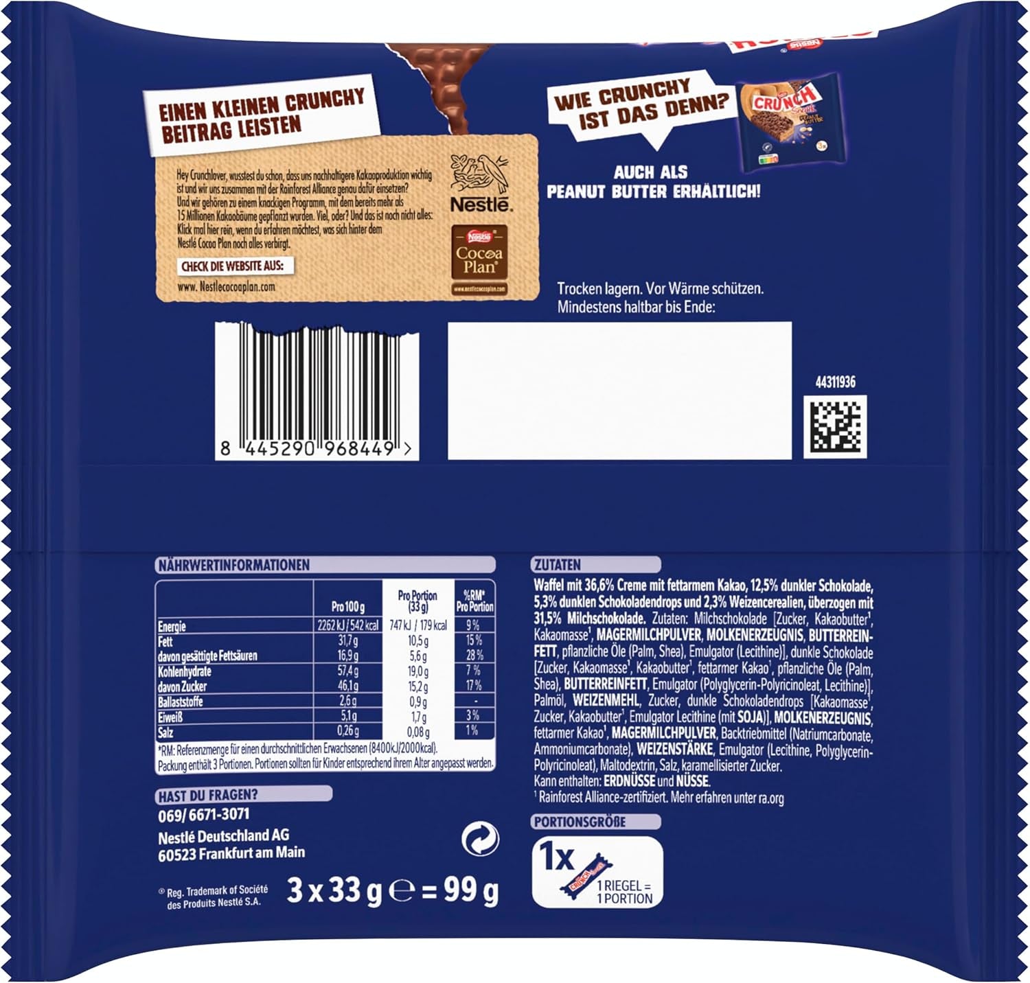 Nestlé Milk Bar, Baton crocant de ciocolată cu ciocolată cu lapte și cereale, pachet de 9 (3 x 33g fiecare)