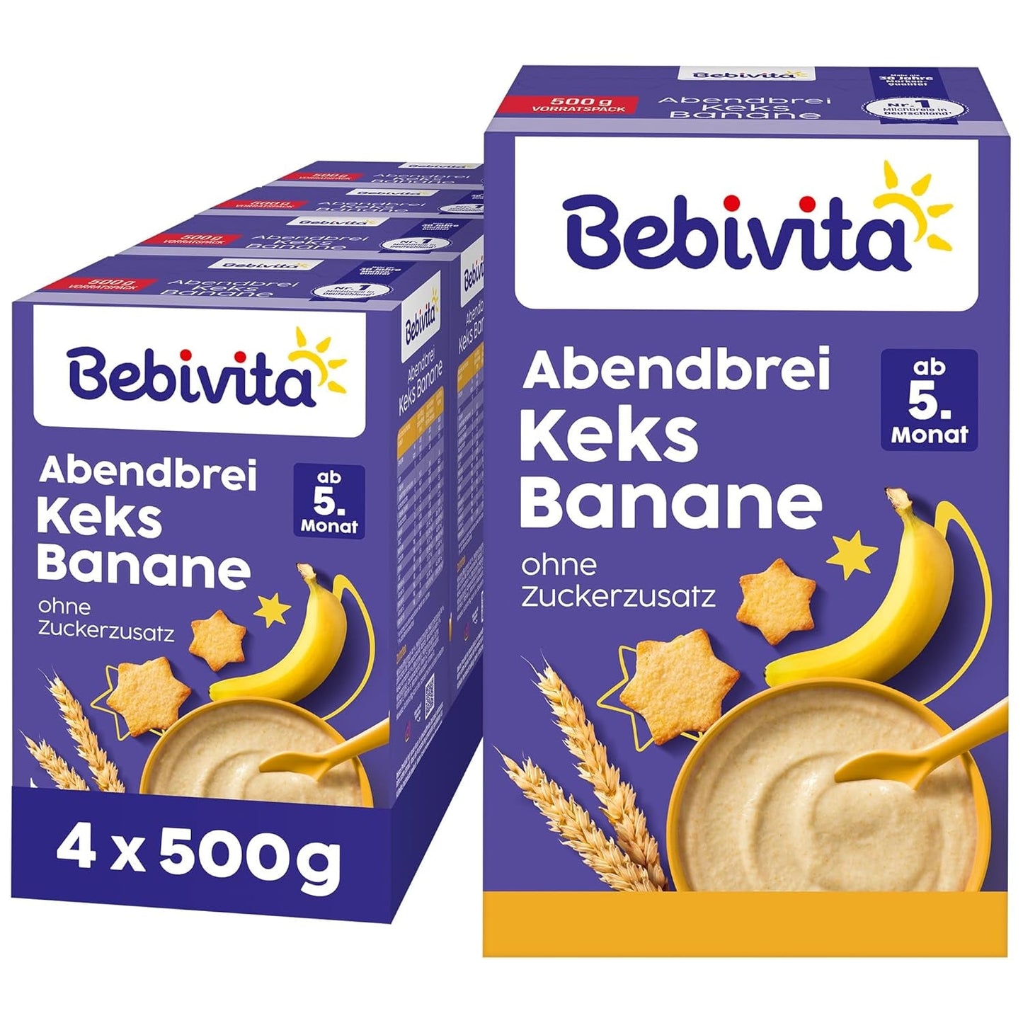 Terci de seară cu biscuiți și banane (4x500g), terci de lapte de la 5 luni, fără zahăr adăugat, cu minerale și vitamine valoroase, foarte sățios