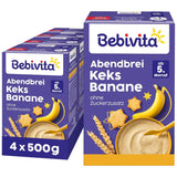 Terci de seară cu biscuiți și banane (4x500g), terci de lapte de la 5 luni, fără zahăr adăugat, cu minerale și vitamine valoroase, foarte sățios