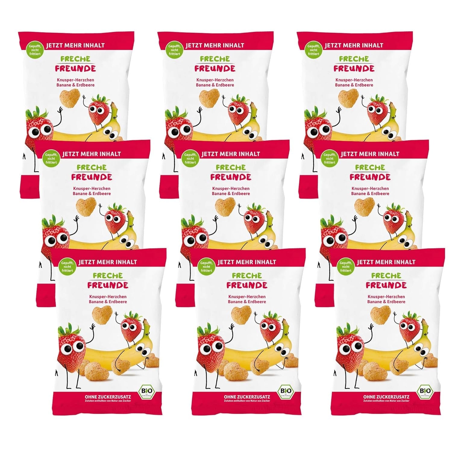 Chipsuri de fructe organice „100% Căpșuni”, chipsuri de căpșuni liofilizate, pachet de 12 (12 x 12 g) și Crispy Hearts Banana & Căpșuni, gustare organică pentru copii și bebeluși, (9 x 30 g) 270 g