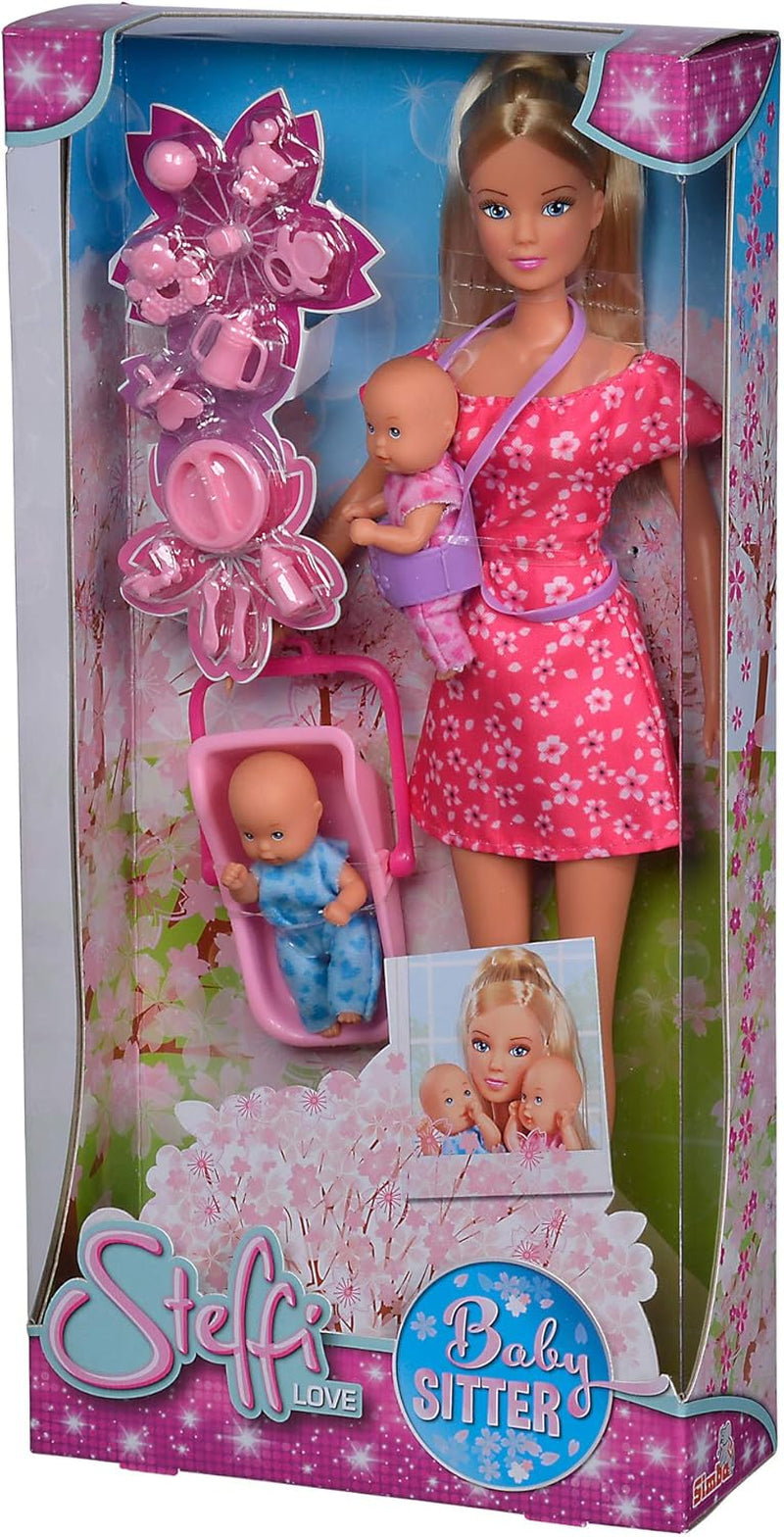 Simba 105730211 - Steffi Love Bonă, cu doi bebeluși, purtător de bebeluși și scaun auto, accesorii, păpușă de îmbrăcat, 29 cm, pentru copii de la 3 ani în sus