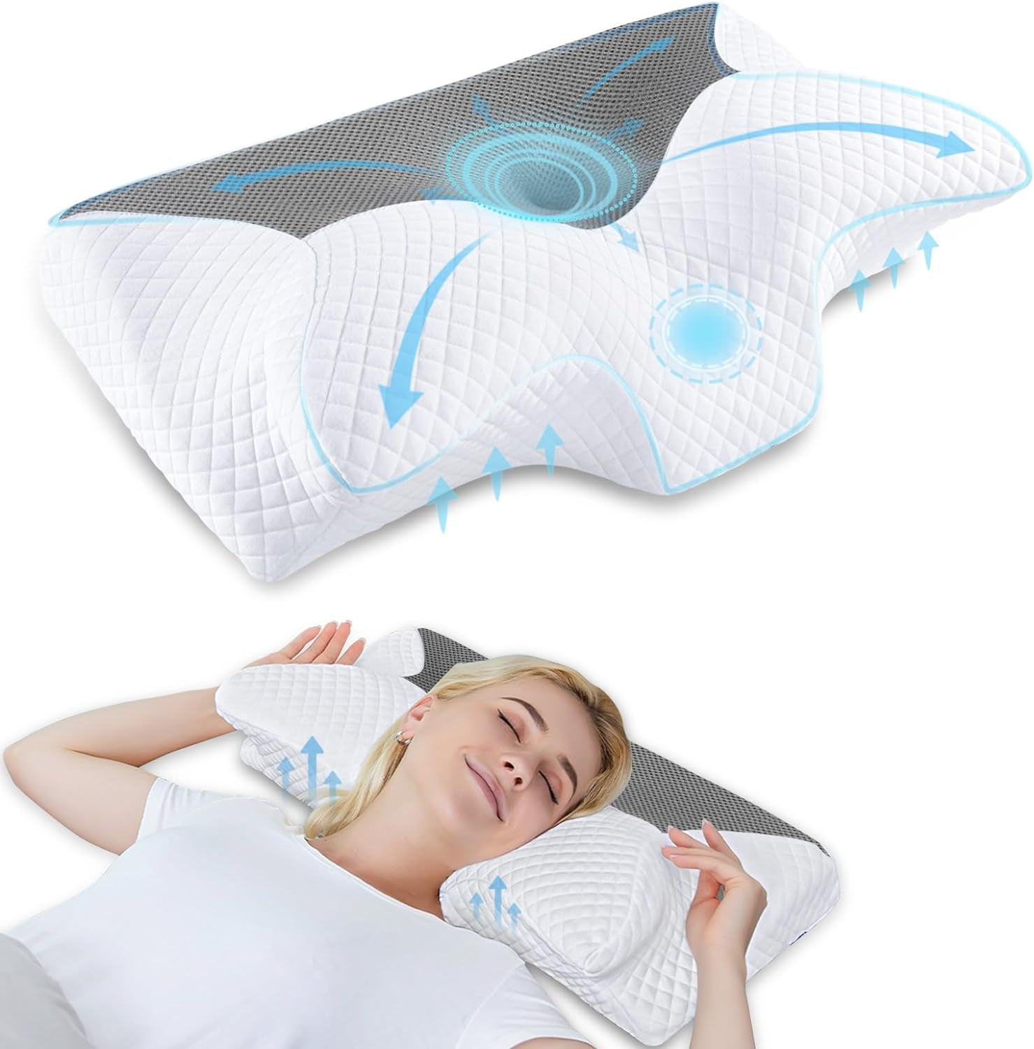 Pernă ortopedică din spumă de memorie pentru susținerea gâtului pernă pentru coloana cervicală Pernă ergonomică pentru dureri de spate, laterale și abdominale, 70X40X8.5/14Cm Perne ortopedice cervicale Naty Shop Gri 60 X 35 X 8/12Cm