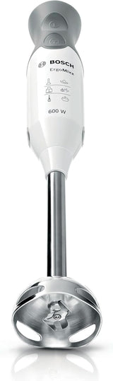 Bosch Stabmixer Ergomixx MSM66110, Edelstahl-Mixfuß, Mix- Und Messbecher, 2 Geschwindigkeitsstufen, Leichtes Gehäuse, 4-Klingen-Messer, Einfache Reinigung, 600 W, Weiß/Grau Bucatarie Naty Shop