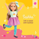 Glitter Girls - Sashka - 36 cm Bewegliche Modepuppe - Blondes Haar & grüne Augen - Cupcake-Kleid mit Haarschleife - Glitzerschuhe & Gepunktete-Leggings - 3 Jahre +