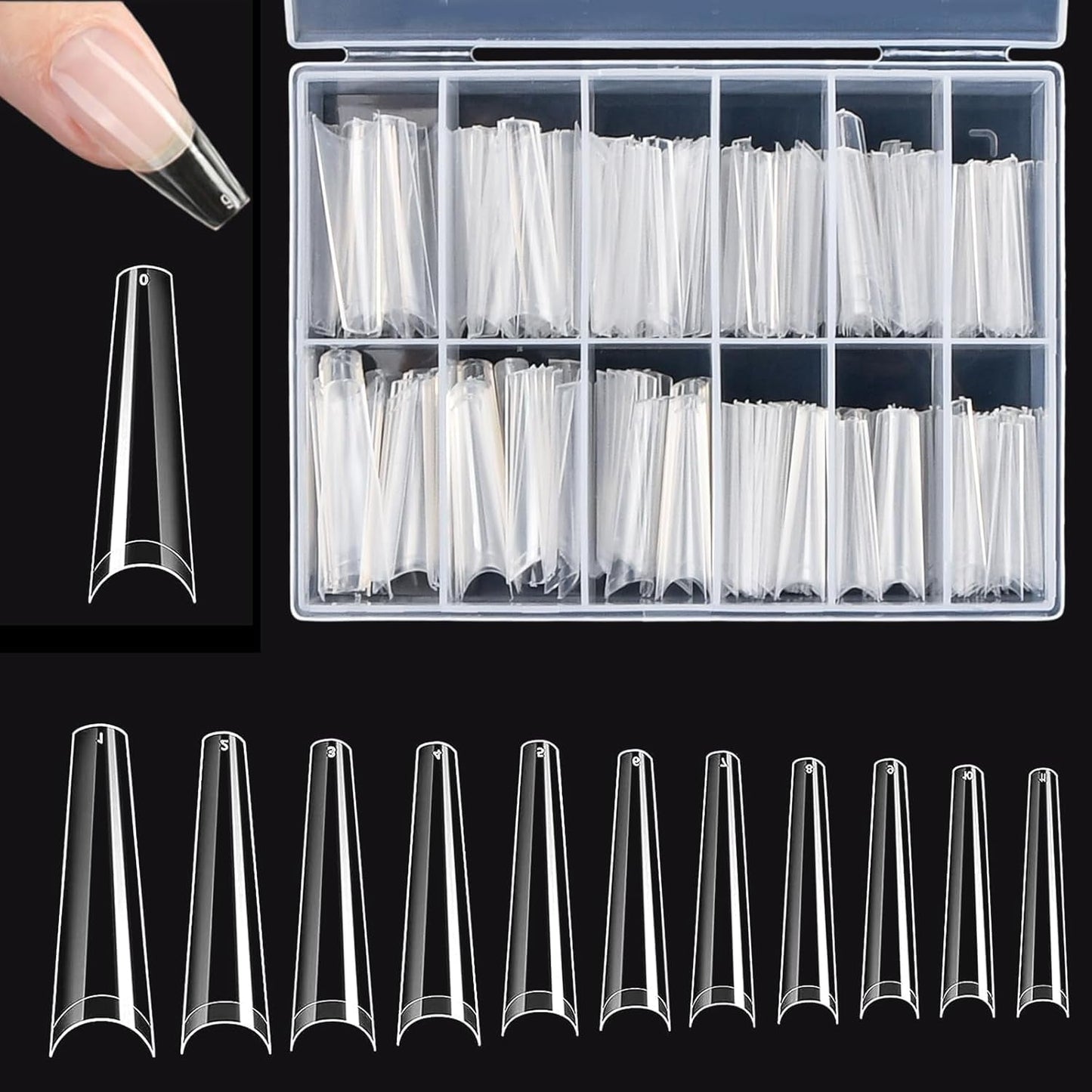 Unghii artificiale extra lungi și transparente, 240 bucăți unghii false, acoperire pe jumătate, unghii artificiale pătrate și drepte, extensii de unghii franceze pentru saloane de unghii și artă pentru unghii DIY