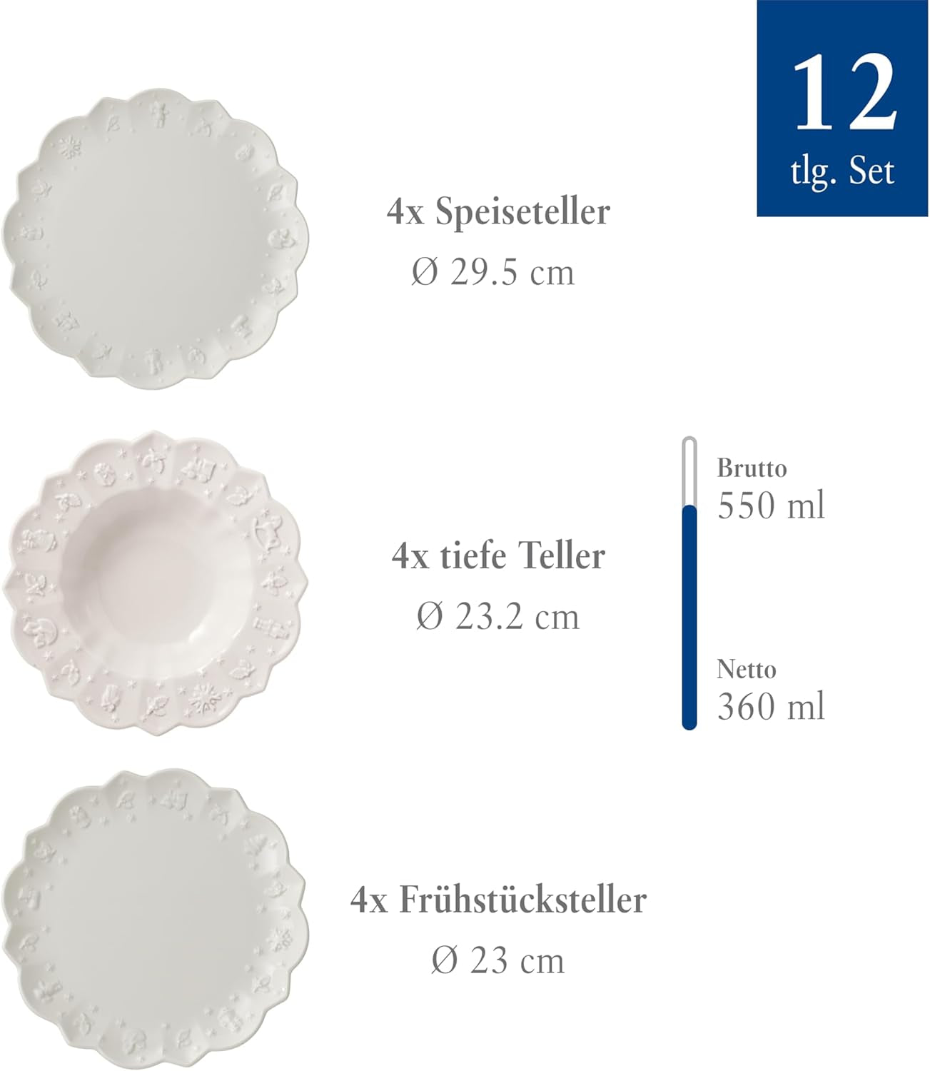 Villeroy & Boch – Set de veselă Toy's Delight Royal Classic cu 12 piese, alb, potrivit pentru mașina de spălat vase și cuptorul cu microunde, farfurii, set de veselă pentru 4 persoane, veselă de Crăciun, jucării, porțelan premium