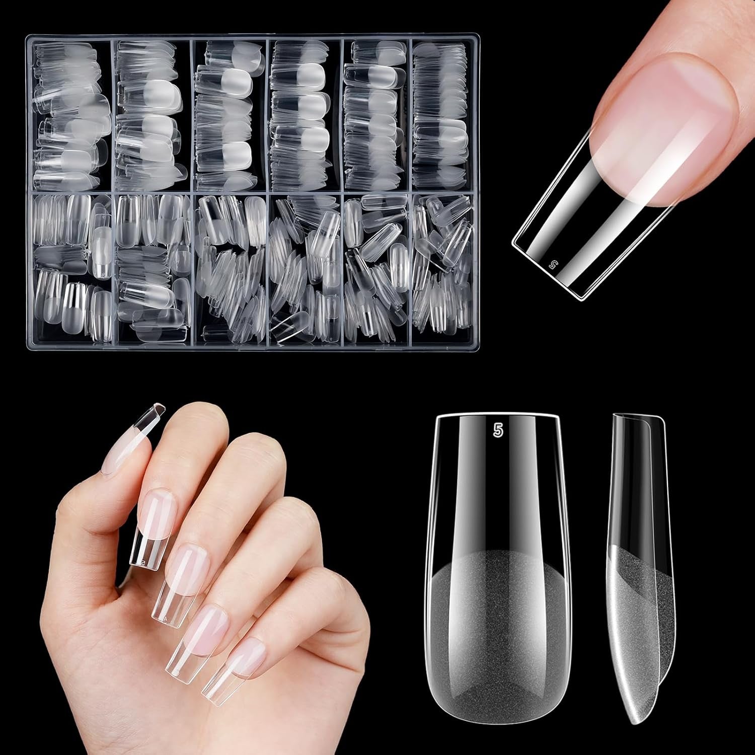Unghii artificiale scurte, 500 bucăți gel moale acoperire completă vârfuri de unghii pentru unghii cu gel 12 mărimi vârfuri de unghii pre-lustruite pentru unghii cu gel, unghii artificiale scurte sicriu pentru extensii de unghii cu cutie