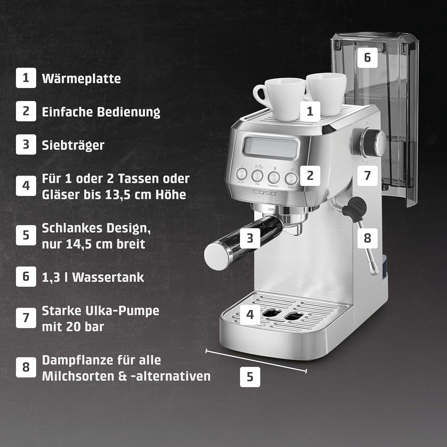 CASO EspressoGourmet Crema - Espressor portafiltru cu spumator de lapte, espresso, cappuccino, portafiltru din oțel inoxidabil, pompă ULKA 20 bar, aparat de cafea, cafea măcinată, capsule ESE