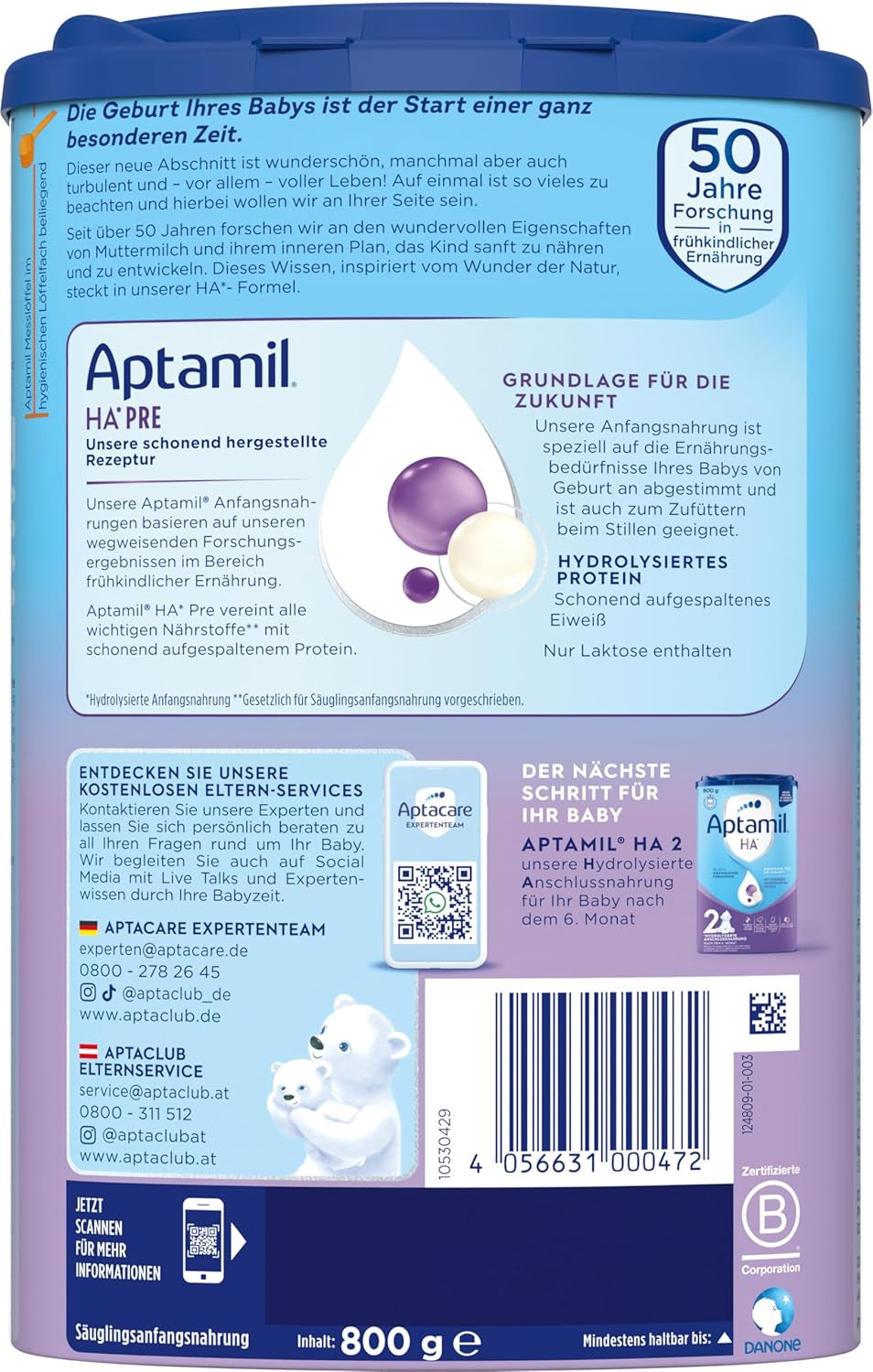 Aptamil HA PRE – Anfangsmilch von Geburt an, Mit DHA, Nur Laktose, Ohne Palmöl, Babynahrung, Milchpulver, 1x 800 g