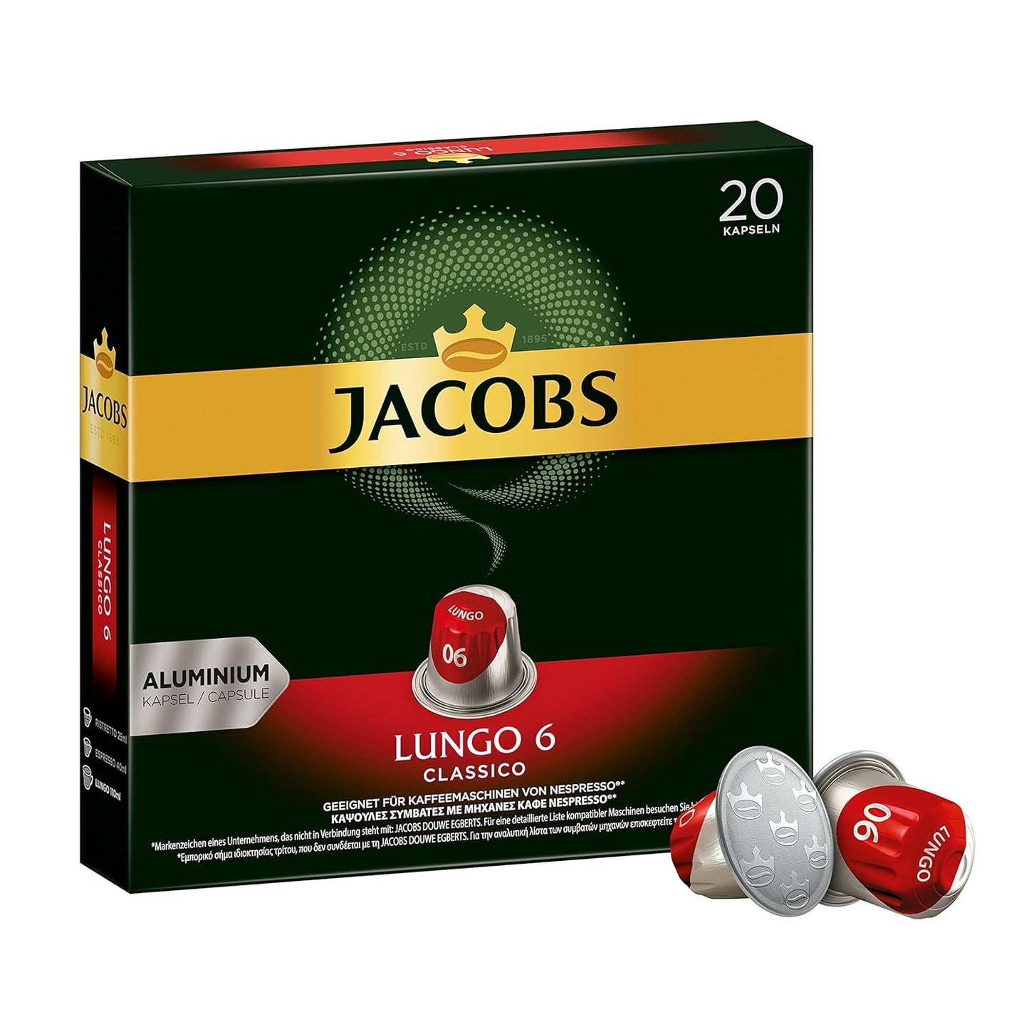 Kaffeekapseln Lungo Classico, Intensität 6 von 12, 20 Nespresso®* kompatible Kapseln, 10 x 20 & Kapseln Espresso Classico, Intensität 7,100 Nespresso®* kompatible Kaffeekapseln, 10x10 Getränke
