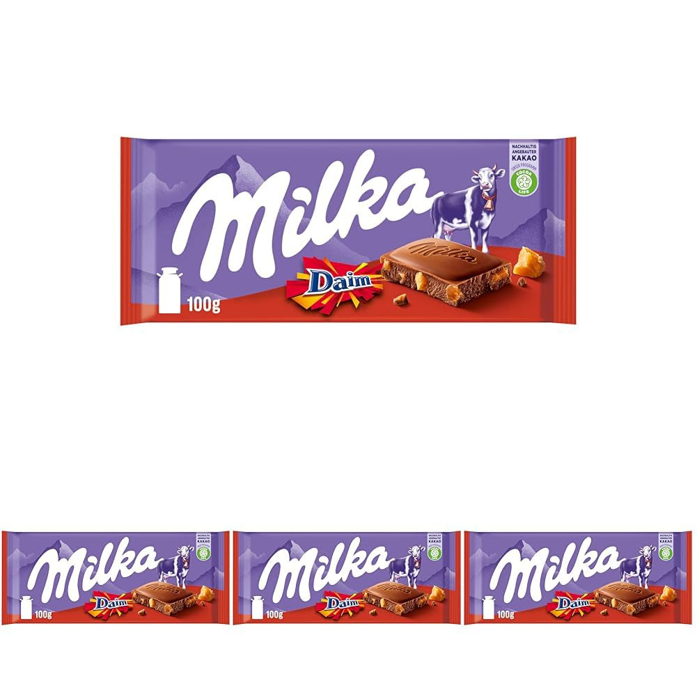 & Daim 1 x 100g I Ciocolată cu lapte alpină I cu bucăți de caramel și migdale I Ciocolată din 100% lapte alpin I Tabletă de ciocolată cu Daim (Pachet de 4)