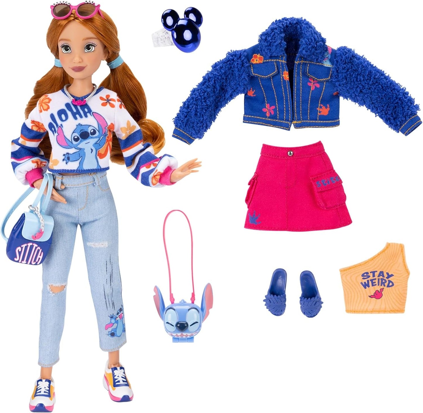 Păpuși la modă Disney ILY 4EVER Stitch cu păr roșu, 29 cm înălțime, cu 13 puncte de articulație, două ținute complete mix-and-match și un inel strălucitor cu Mickey pentru tine!