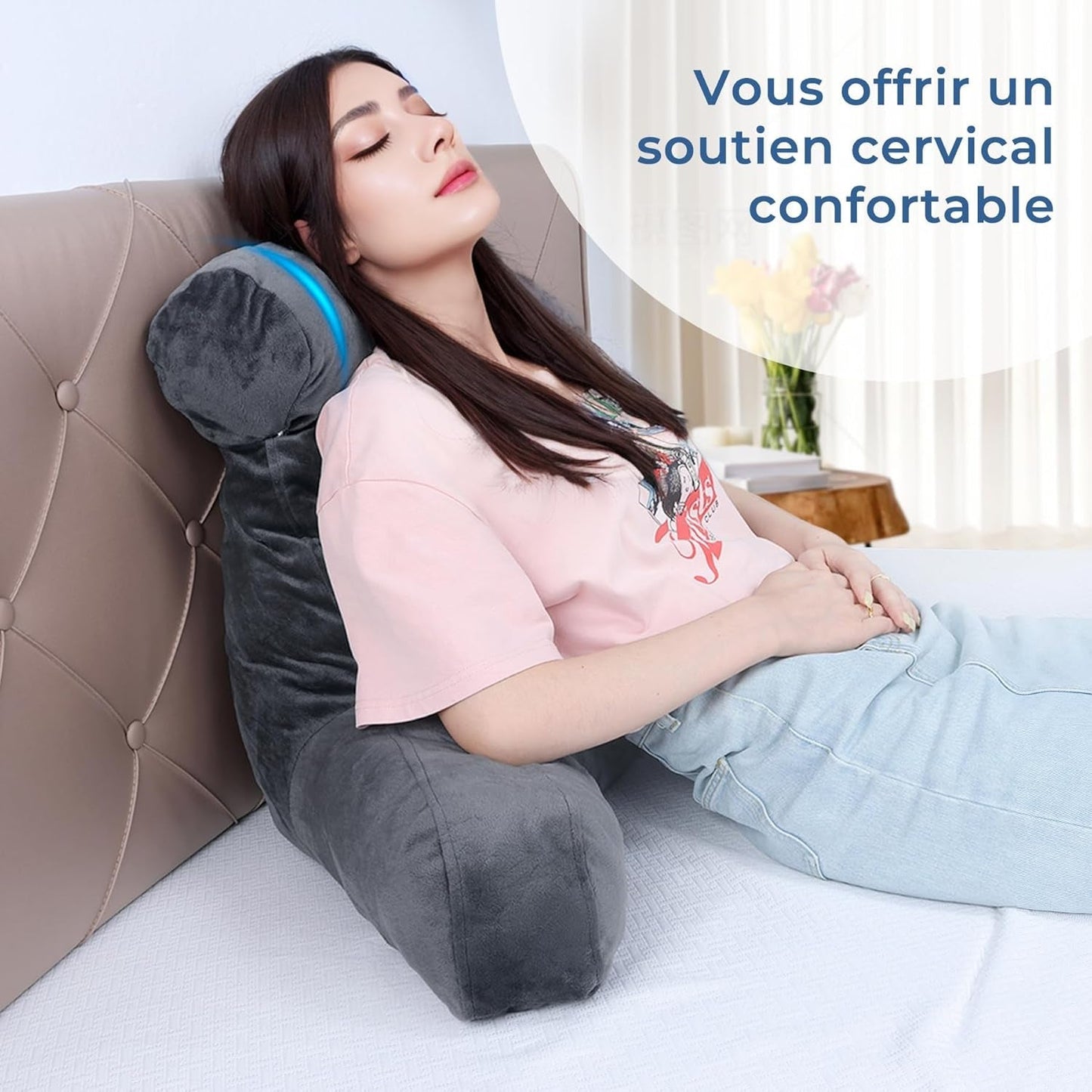Pernă ergonomică pentru citit INFANZIA cu cotiere, suport pentru spate din spumă cu memorie, gri, M