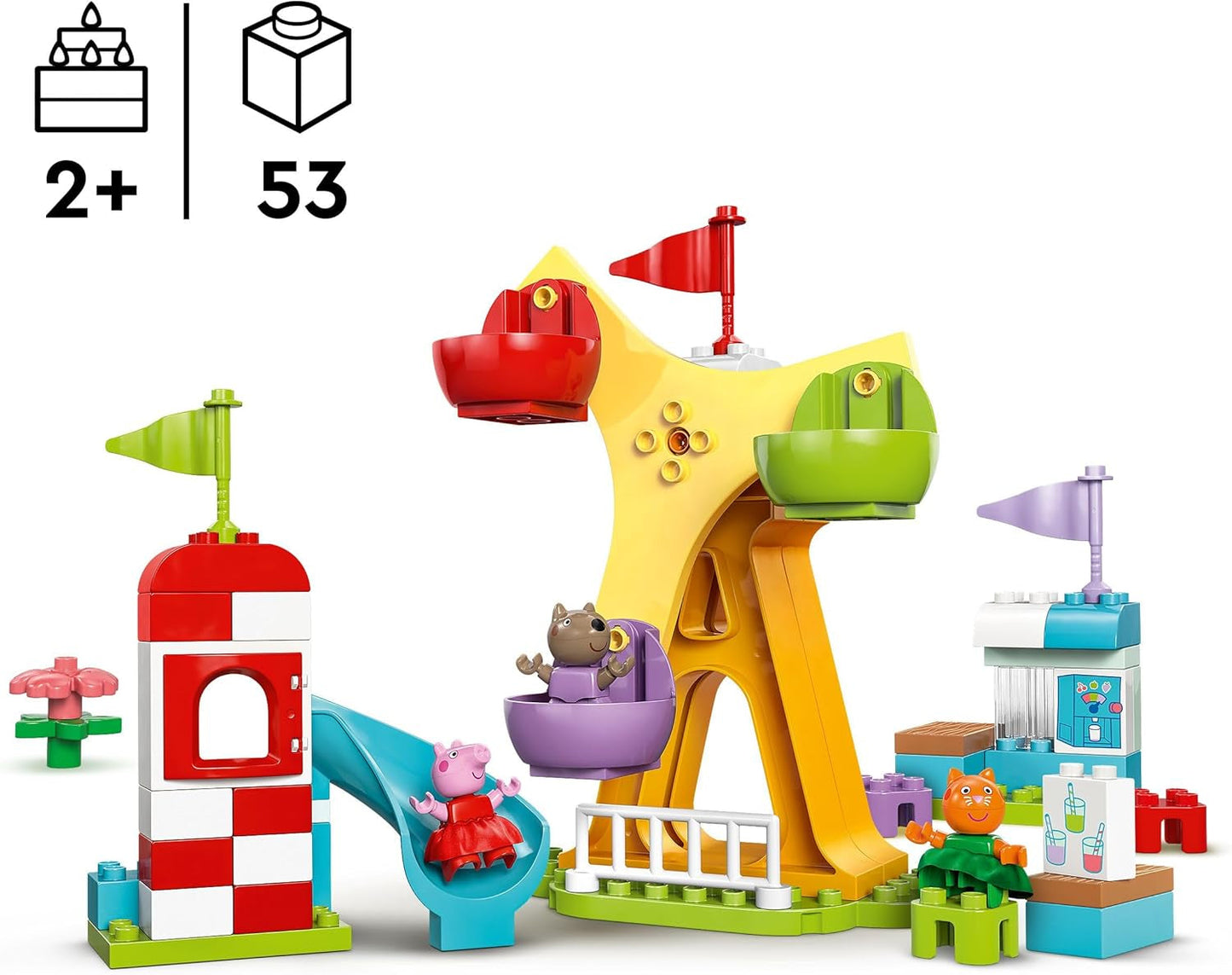 LEGO DUPLO Peppa Wutz Fairground - Jucării pentru copii și jucării pentru abilități motorii pentru vârsta de 2+ - Jocuri preșcolare cu roată mare, tobogan și 3 figuri, inclusiv Mollie Kitty și Klausi Kläff - Cadou pentru copii 10453 Seturi de constructie Besuche den LEGO-Store