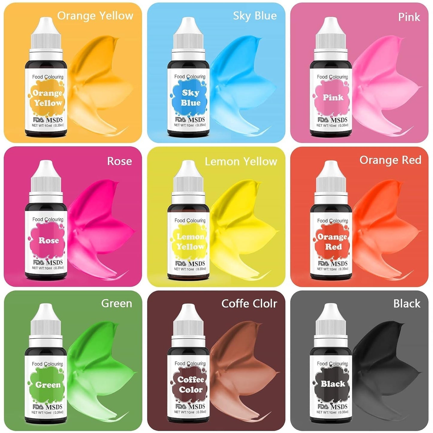 Colorant alimentar 9 x 10 ml, coloranți alimentari lichizi - set de coloranți alimentari pentru decorarea torturilor, macaroane, gogoși, fudge, glazură, săpunuri DIY, înghețată, colorant pentru săpun, colorant pentru pistol de pulverizare