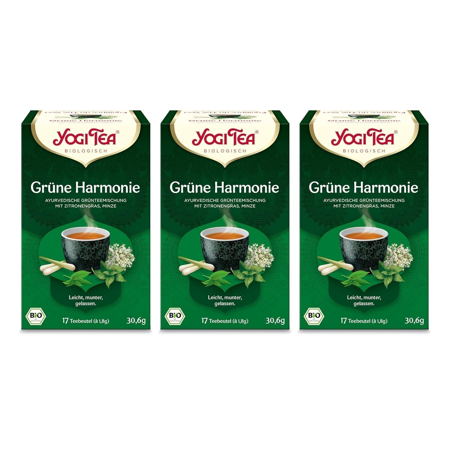 Yogi Tea - Armonie verde, ceai ayurvedic organic cu mirodenii și plante, amestec de ceai verde, lemongrass, mentă, Yogi Tea pachet de 3, 3X17 pliculețe (51 pliculețe de ceai în total), ideal ca cadou