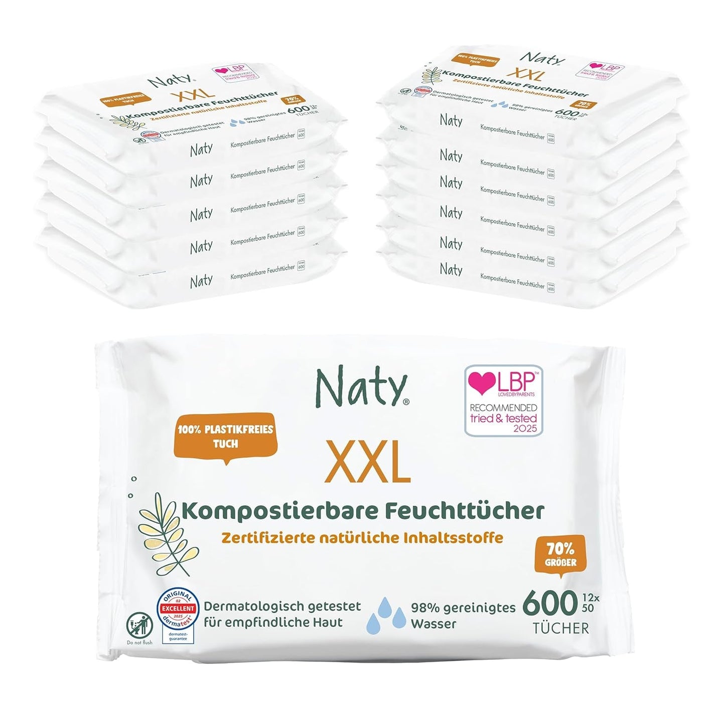 Șervețele umede Naty pentru bebeluși | 100% pe bază de plante și fără parfum pentru piele sensibilă | Șervețele fără plastic și certificate compostabile, cu 98% apă purificată | 672 de șervețele (12 pachete)