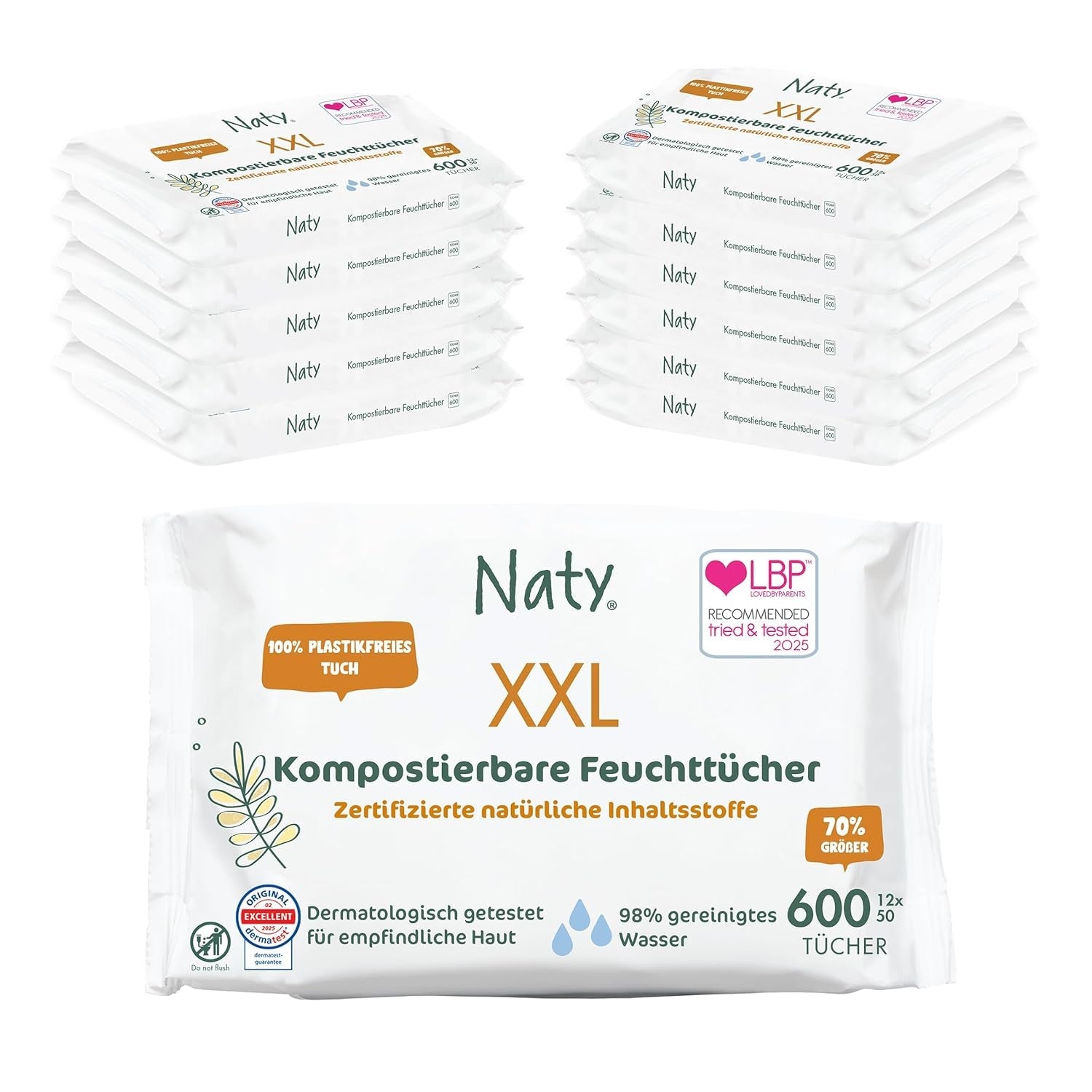 Șervețele umede Naty pentru bebeluși | 100% pe bază de plante și fără parfum pentru piele sensibilă | Șervețele fără plastic și certificate compostabile, cu 98% apă purificată | 672 de șervețele (12 pachete)