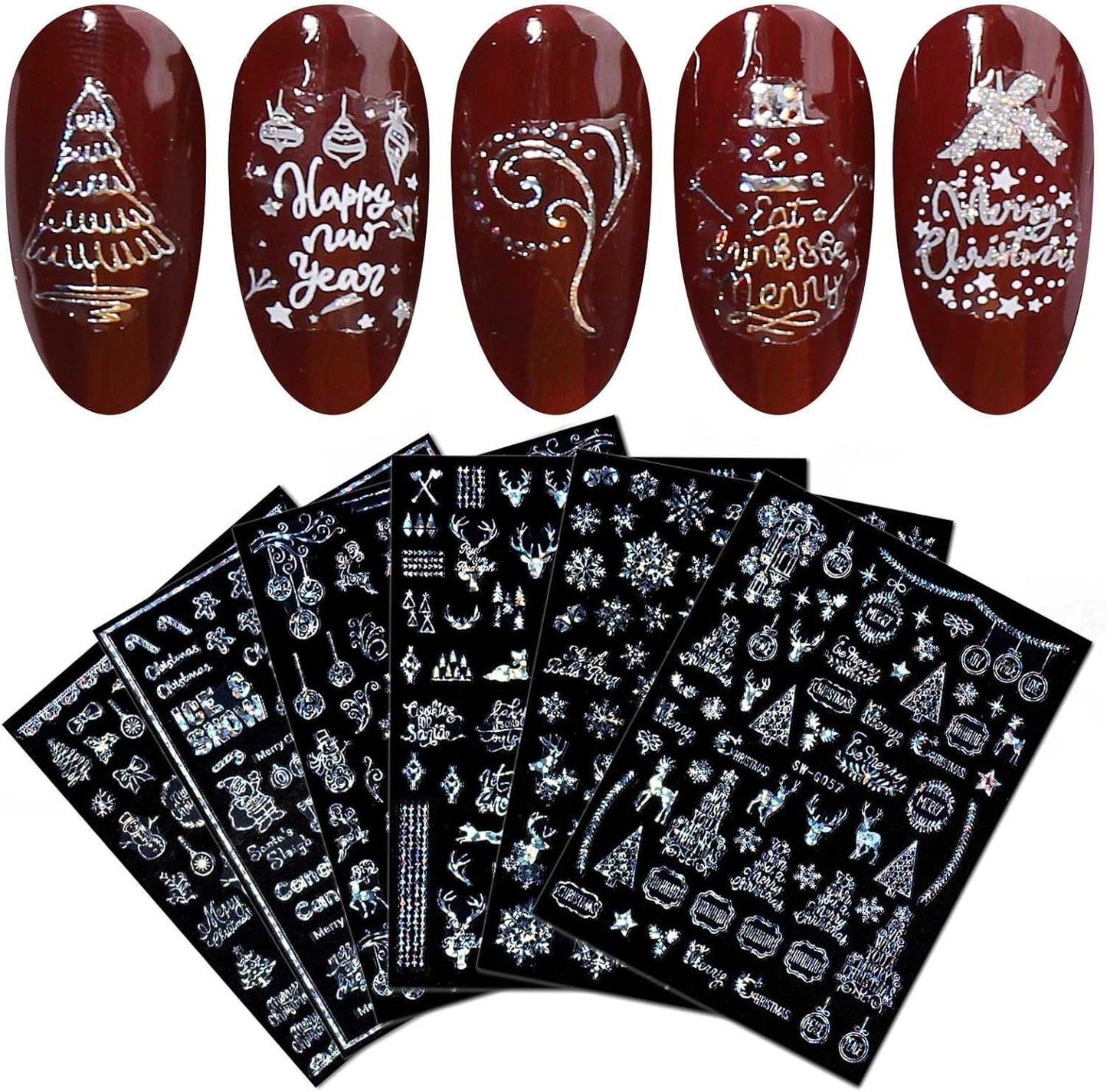 9 Blatt Nagelsticker Weihnachten Nagelaufkleber Selbstklebend Weiß Rentier Schneemann Nail Art Sticker Dekoration Nageldesign Zubehör