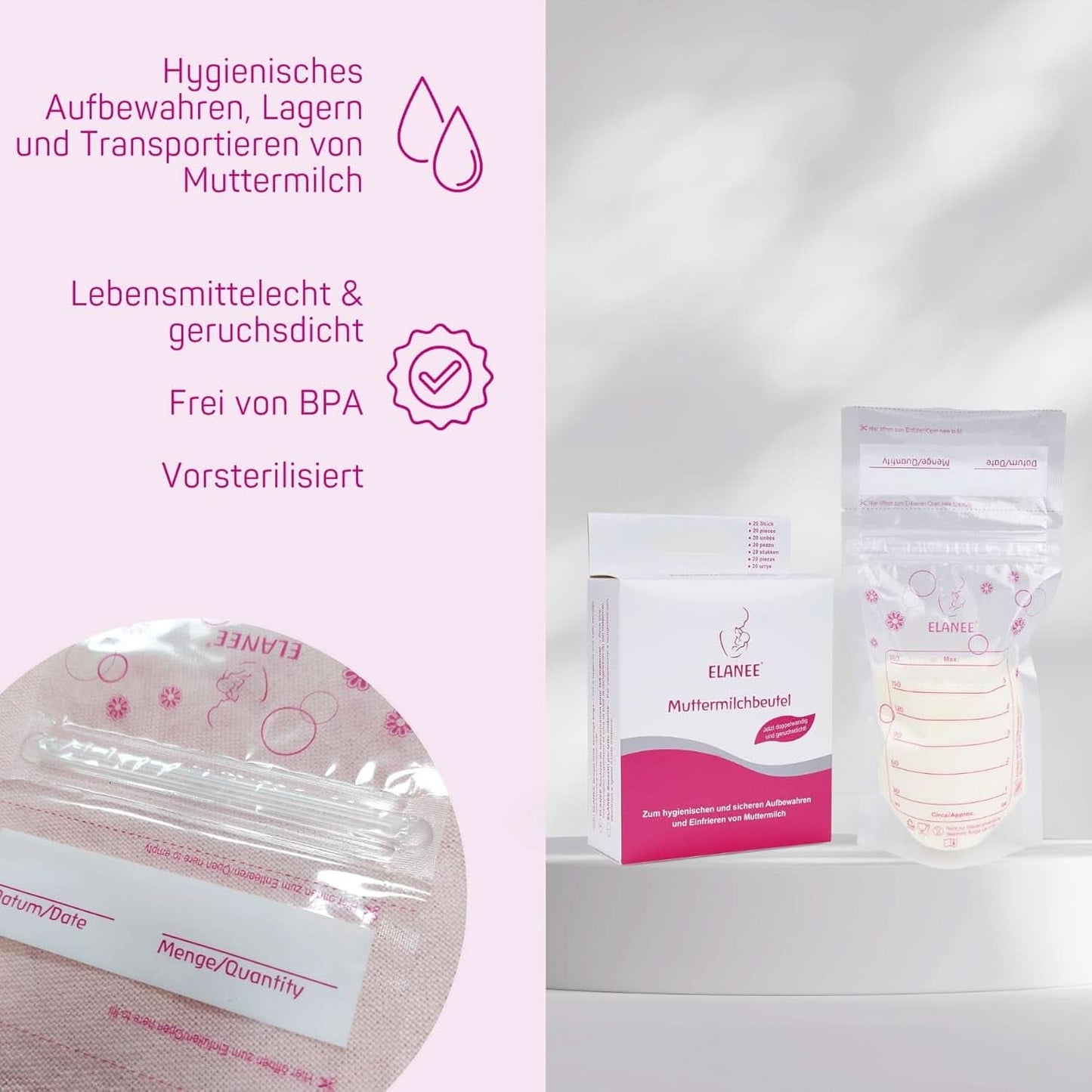ELANEE Muttermilchbeutel, Aufbewahren & Einfrieren Von Muttermilch, Geschmacksneutral Und Vorsterilisiert, Doppelter Sicherheitsverschluss,20 Stück, Mit Standfuß (711-00) Accesorii Hrana si Alaptare Bebe Naty Shop