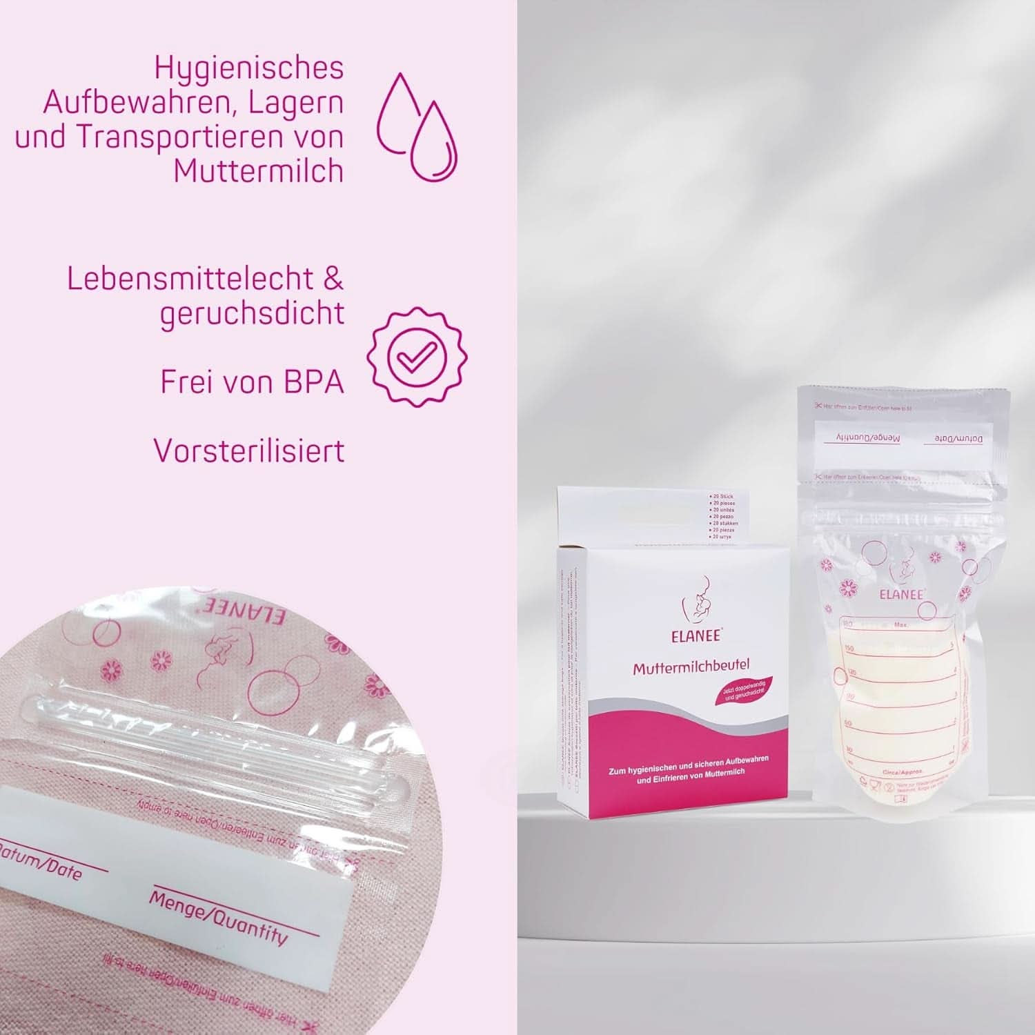 ELANEE Muttermilchbeutel, Aufbewahren & Einfrieren Von Muttermilch, Geschmacksneutral Und Vorsterilisiert, Doppelter Sicherheitsverschluss,20 Stück, Mit Standfuß (711-00) Accesorii Hrana si Alaptare Bebe Naty Shop