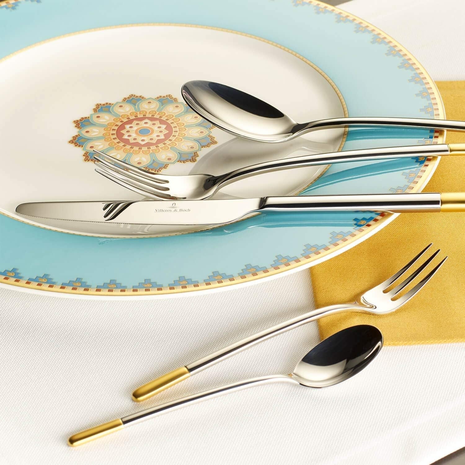 Villeroy & Boch - Ella Tacâmuri parțial placate cu aur aur, 30 bucăți, 6 persoane, lavabil în mașina de spălat vase, oțel inoxidabil Bucatarie Naty Shop