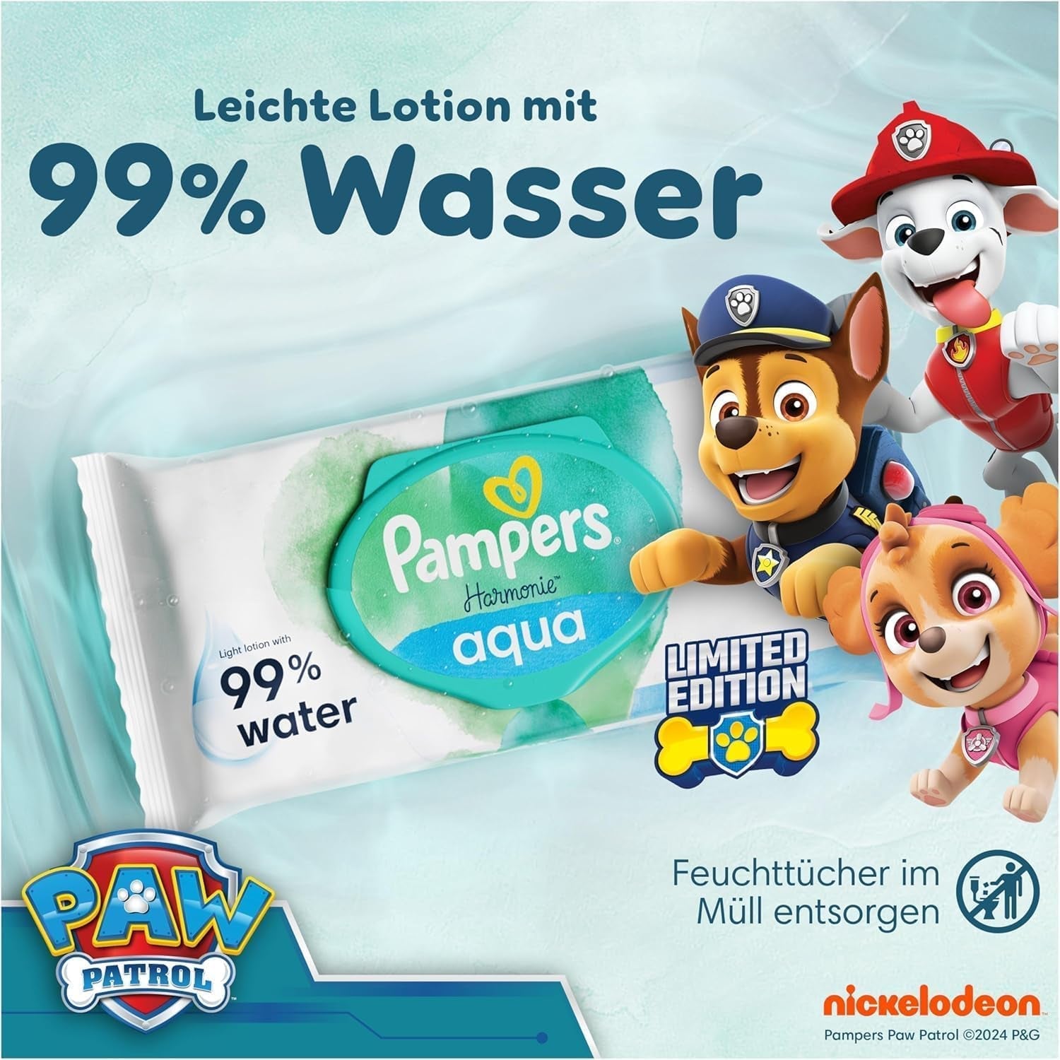 Șervețele umede Pampers Harmony Aqua pentru bebeluși, Patrula Cățelușilor, 15 pachete a câte 48 de șervețele, 720 de șervețele umede pentru bebeluși care ajută la restabilirea echilibrului natural al pH-ului pielii, loțiune ușoară cu 99% apă