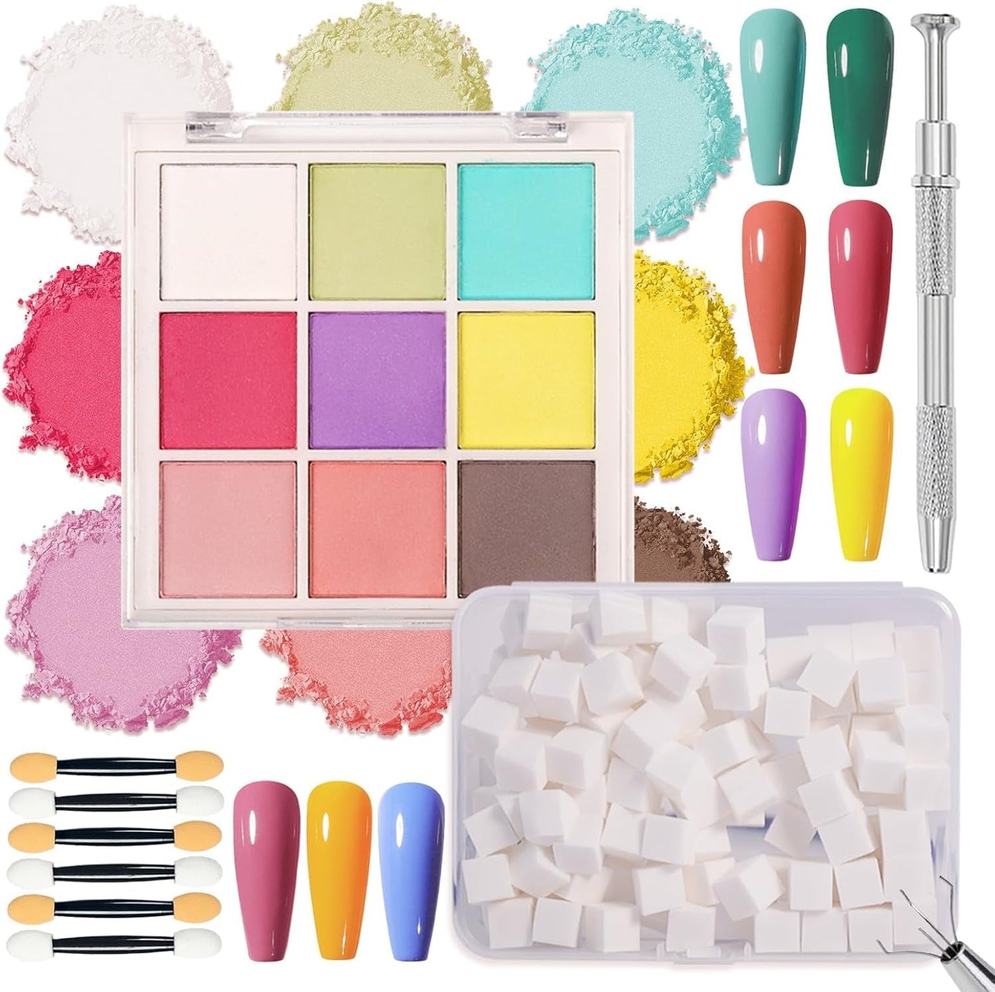 9 Farben Pigment Für Nägel, Nagelpulver Nail Powder 100 Stück Nail Art Schwamm Mit Metallgreifer, Ombre Glitzerpulver Nagelpuder Nailart Nagel Deko Für DIY Nageldesign, B
