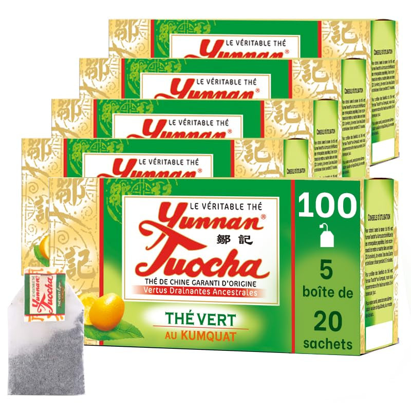 Yunnan Tuocha Zouji - Ceai verde organic cu kumquat - Vitamina C - 100 pliculețe de ceai - 200 g - Calitate Yunnan garantată