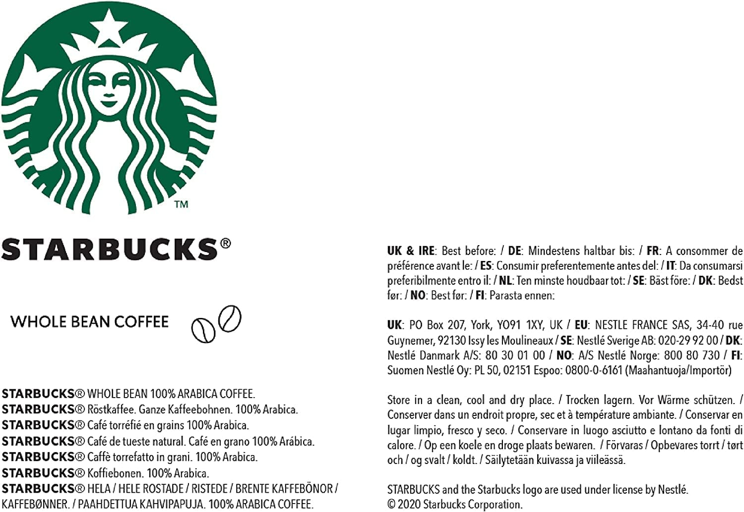 STARBUCKS Espresso Roast, Prăjire Neagră, Boabe Întregi de Cafea 200g (Pachet de 6)