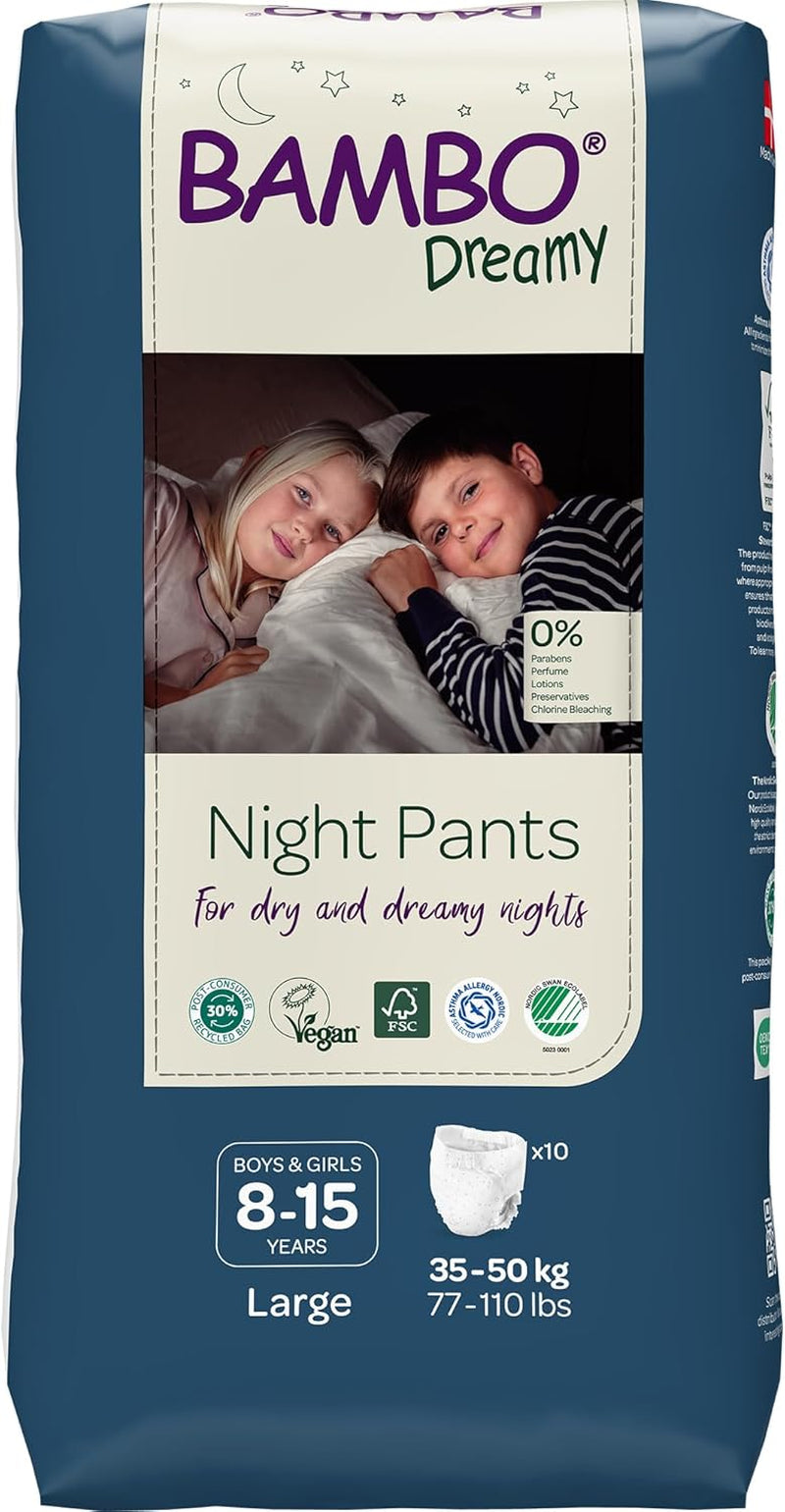 Scutece Bambo Dreamy Nighttime Pull-Up, mărime mare (35–50 kg/77–110 lbs), pachet de 10 | Scutece pull-Up pentru copii | Chiloți de noapte ultra-absorbanți pentru enurezis