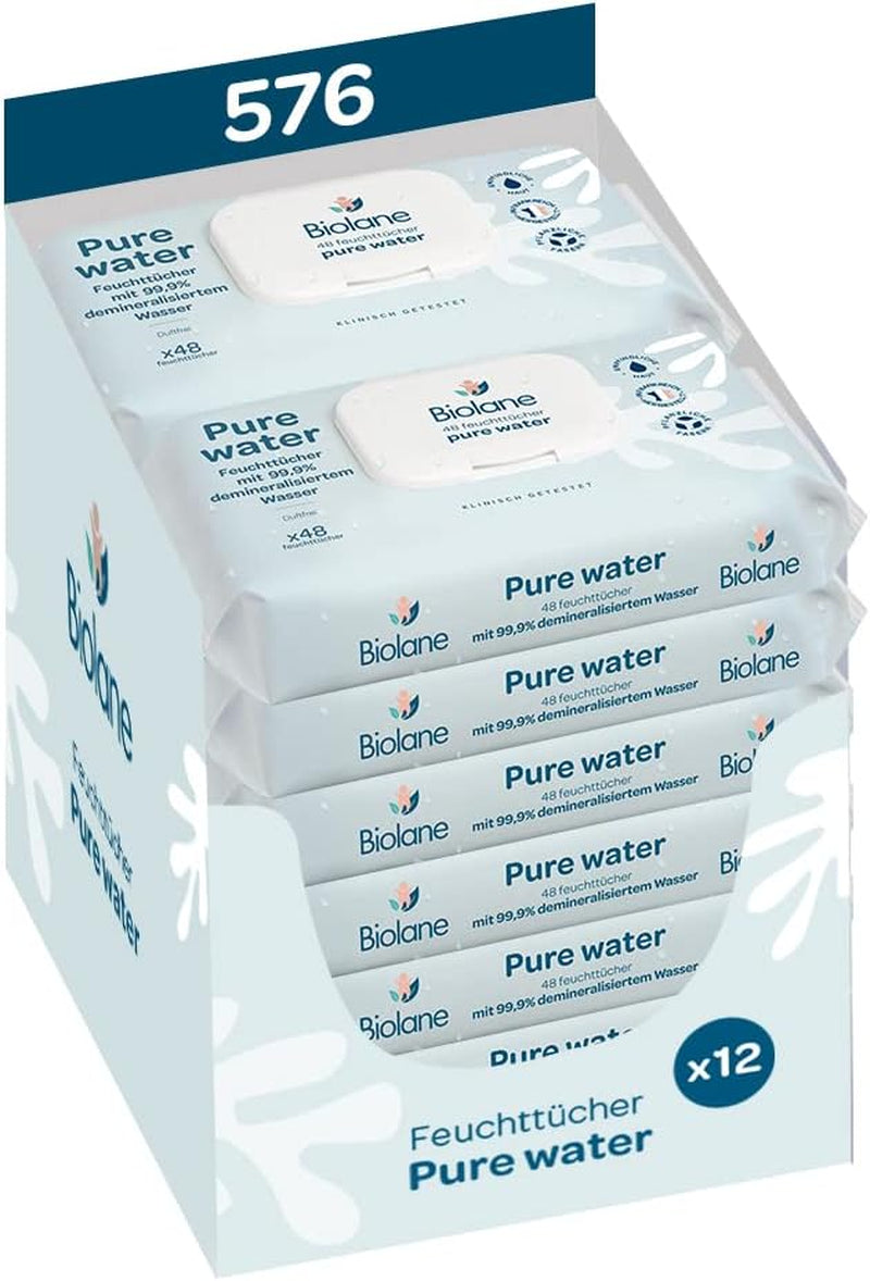 BIOLANE - Șervețele umede pentru bebeluși cu 99,9% apă - Apă pură - Pachet de 12 x 48 (576 șervețele) - Pentru piele sensibilă - De la naștere - Fără parfum - Îngrijire pentru schimbarea și curățarea bebelușilor