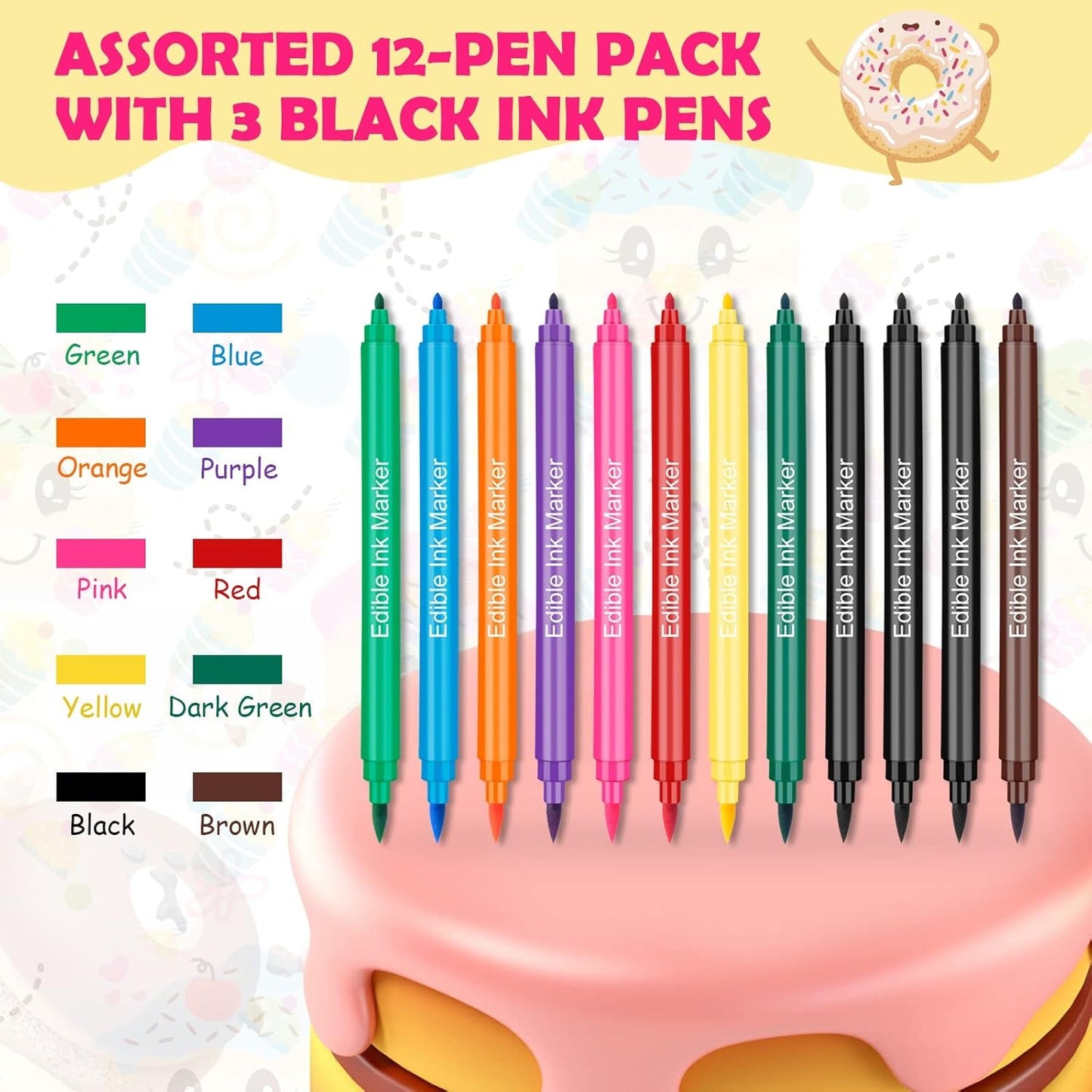 12 bucăți de pixuri colorante alimentare, pixuri colorante alimentare pentru copt, markere alimentare cu vârf fin și gros, pix comestibil pentru prăjituri, fondant, fursecuri, ouă de Paște, macaroane