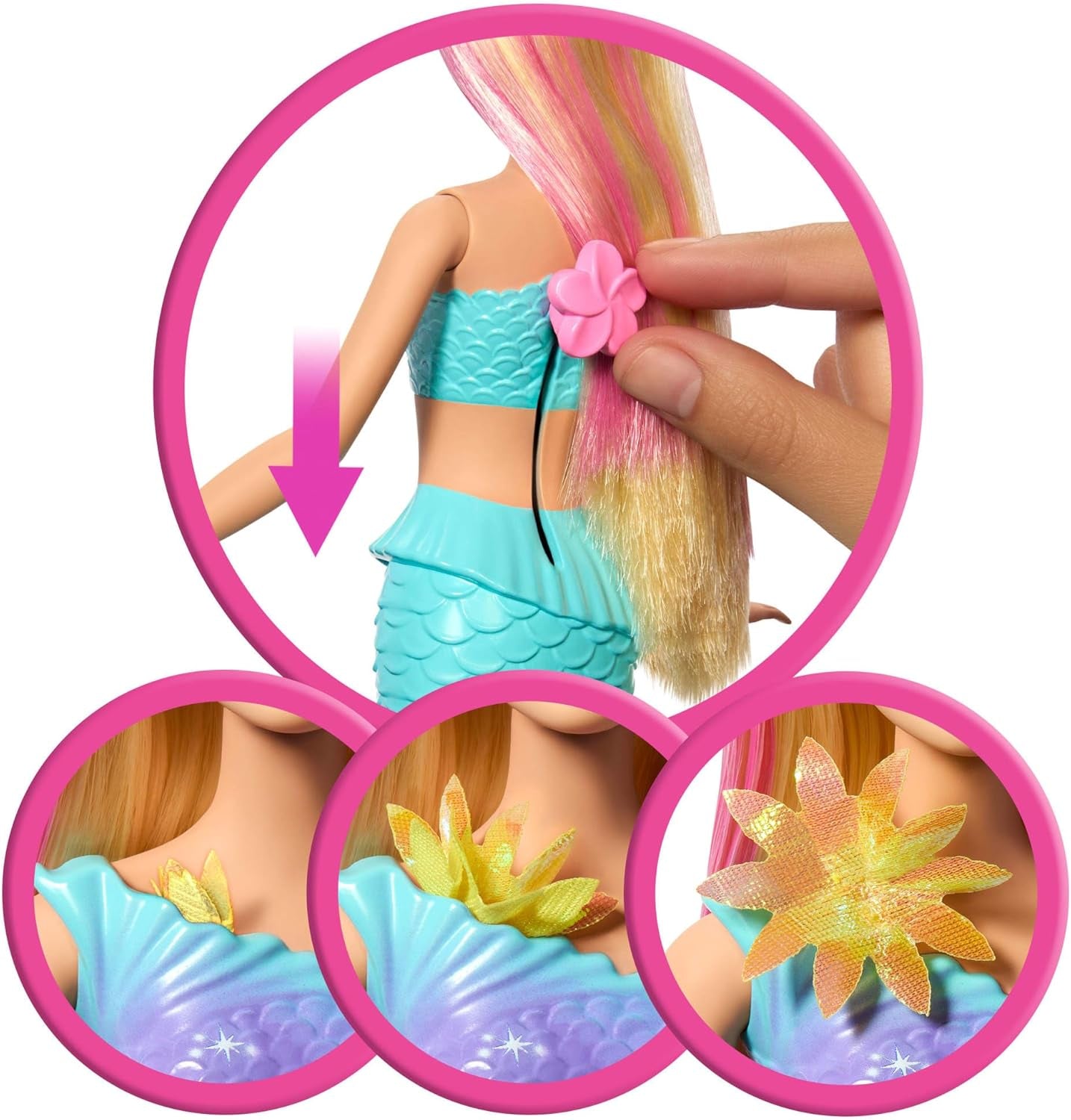 Barbie Meerjungfrauen-Spielzeugpuppe mit magischer Überraschungsblüte, Schwanzflosse mit Farbverlauf, perlenbesetztem Haarreif und langem blonden Haar mit rosa Strähchen, JDM72